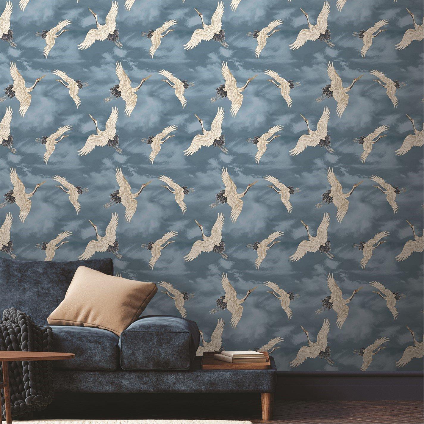 Blue - Catherine Lansfield - Cranes Wallpaper - 3