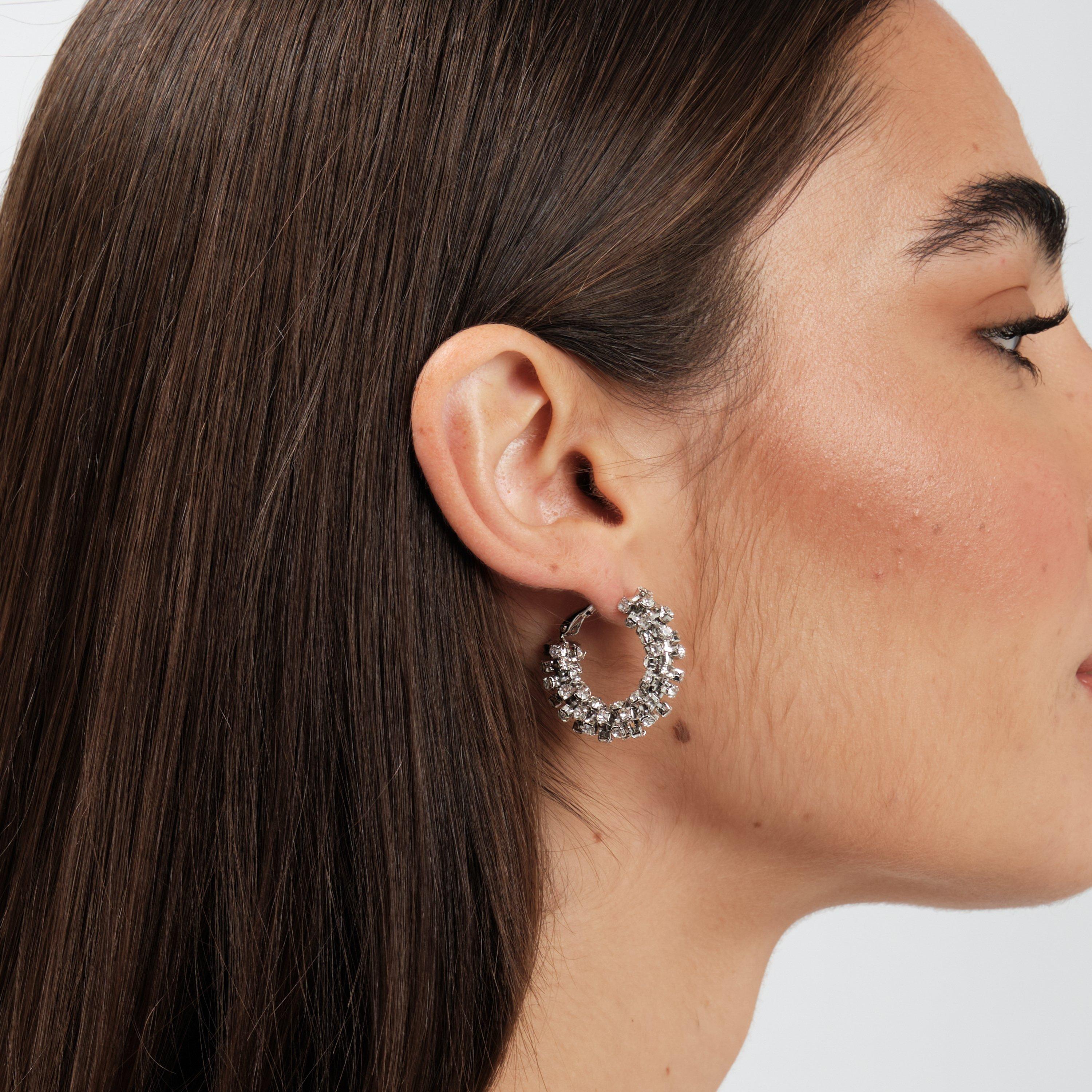 Silver - Mood - Rhodium Crystal Cupchain Mini Hoop Earrings - 2