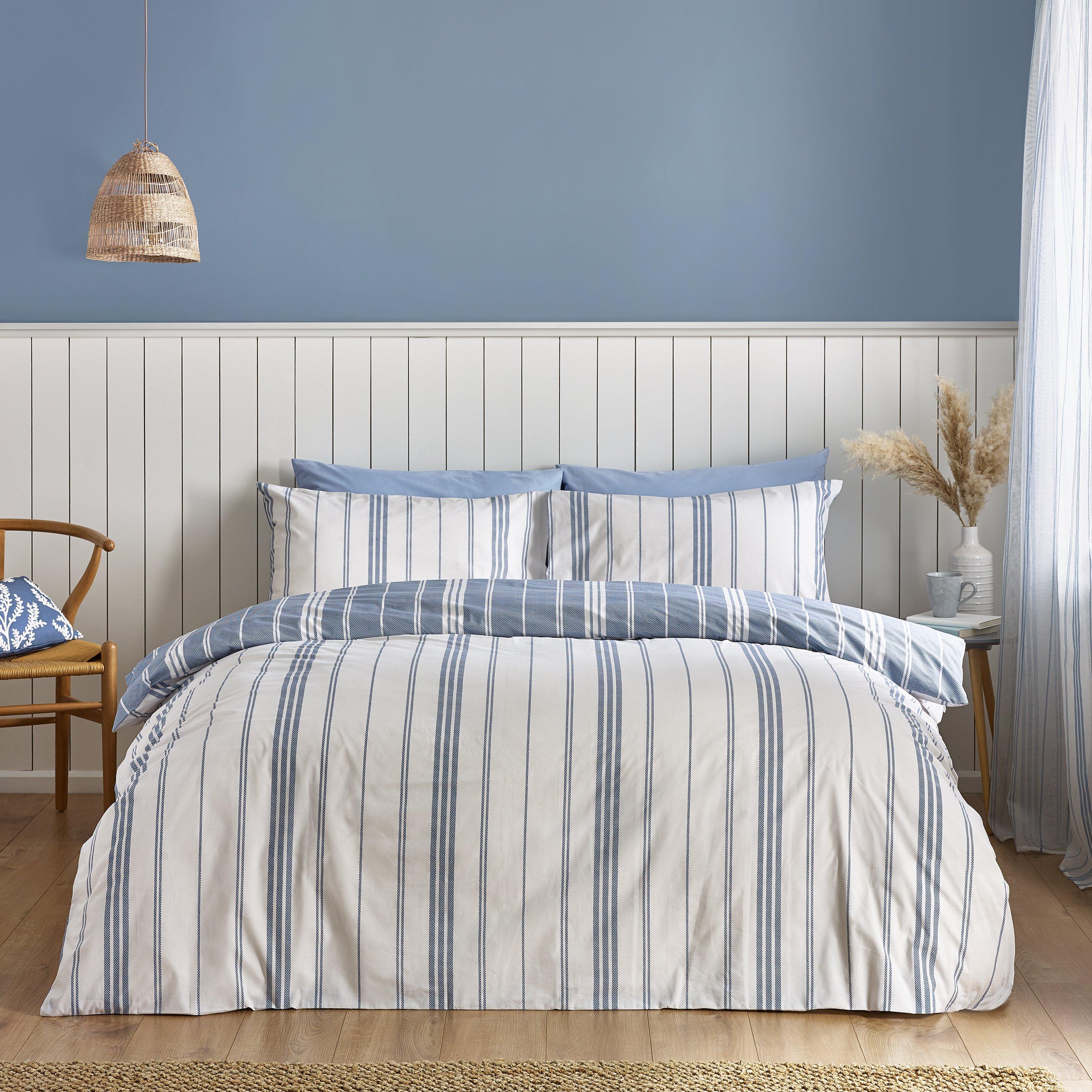 Blue - Catherine Lansfield - Harbour Stripe Reversible Duvet Cover Set - 1