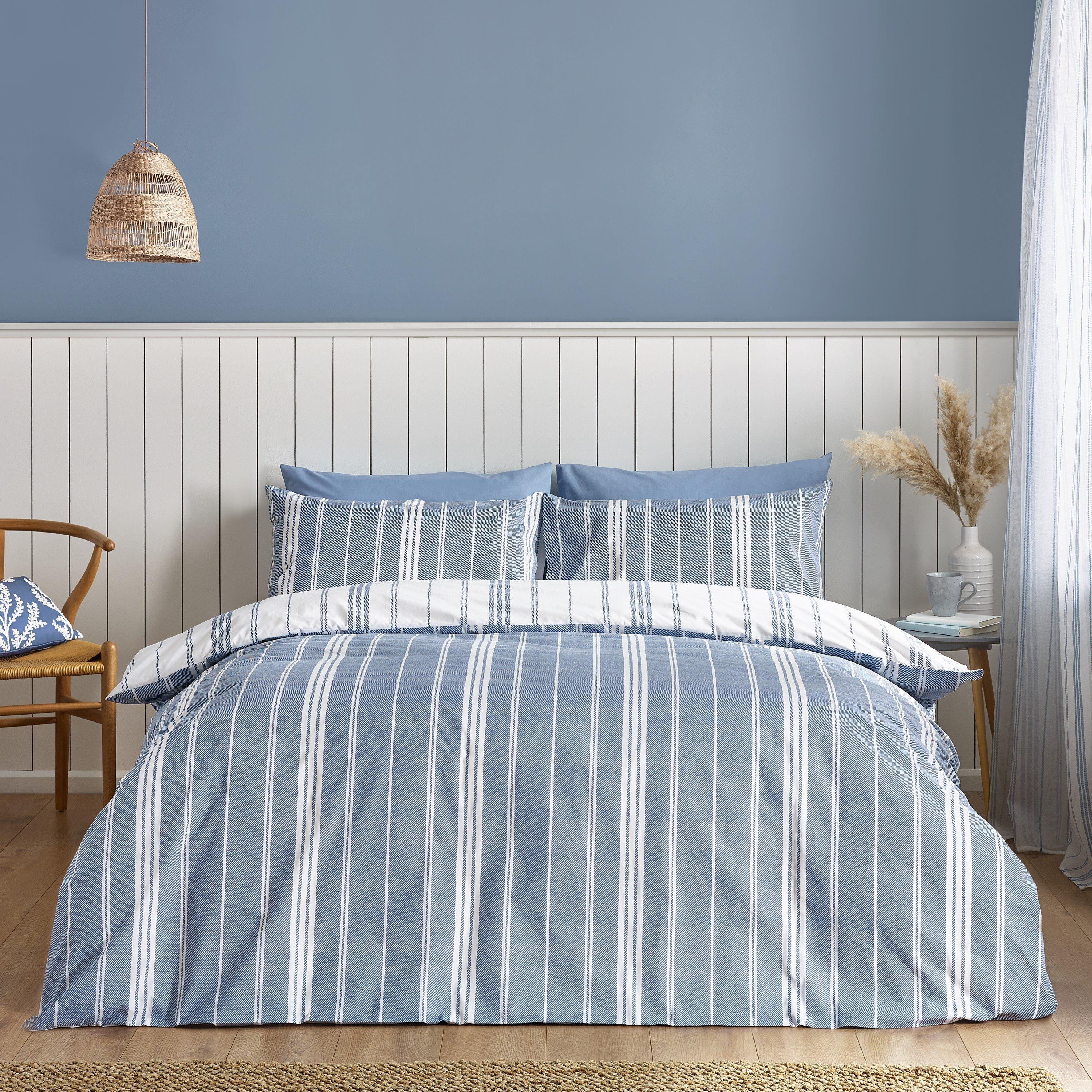 Blue - Catherine Lansfield - Harbour Stripe Reversible Duvet Cover Set - 2