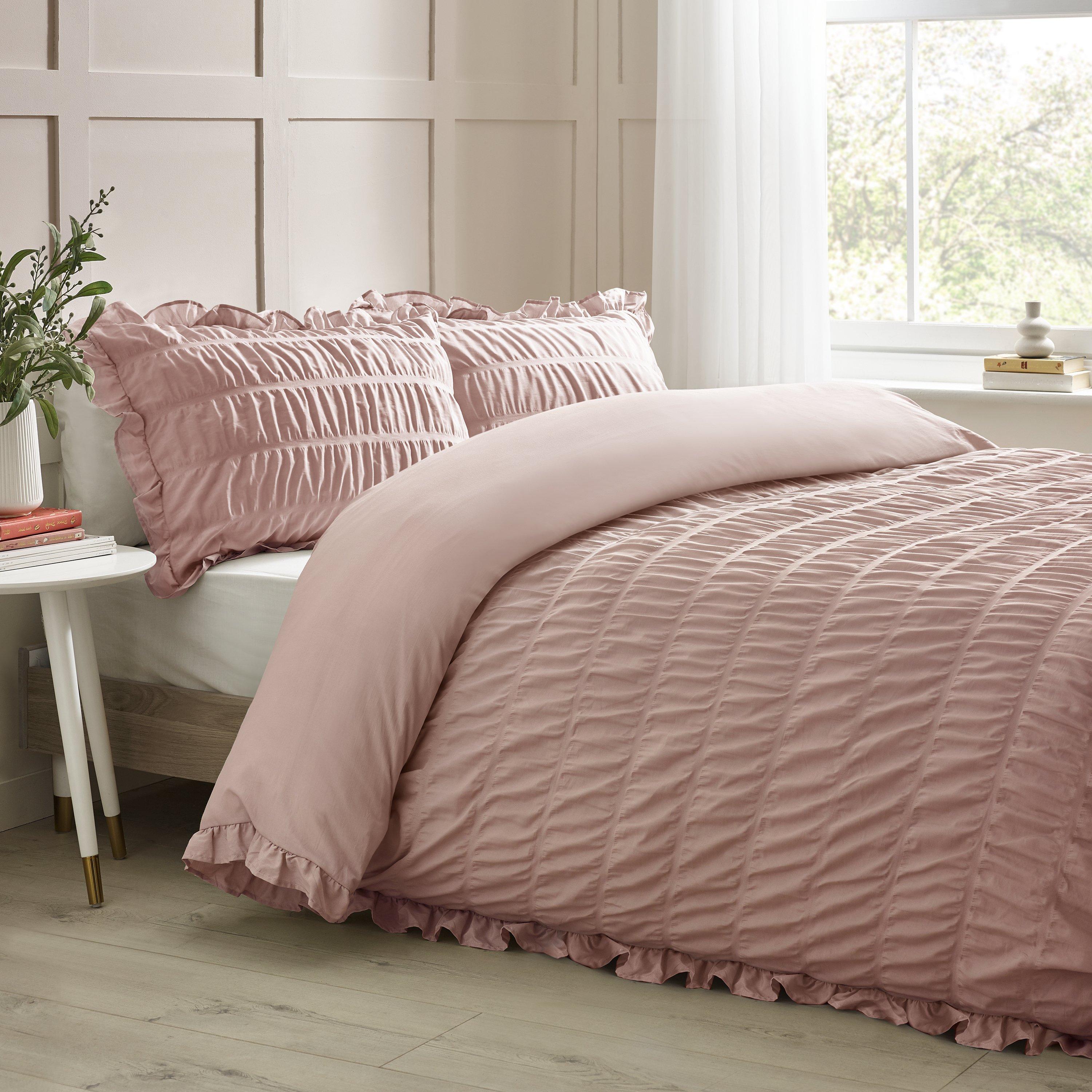 Catherine Lansfield  Seersucker Frill Duvet Cover Set - Pink - Super King
