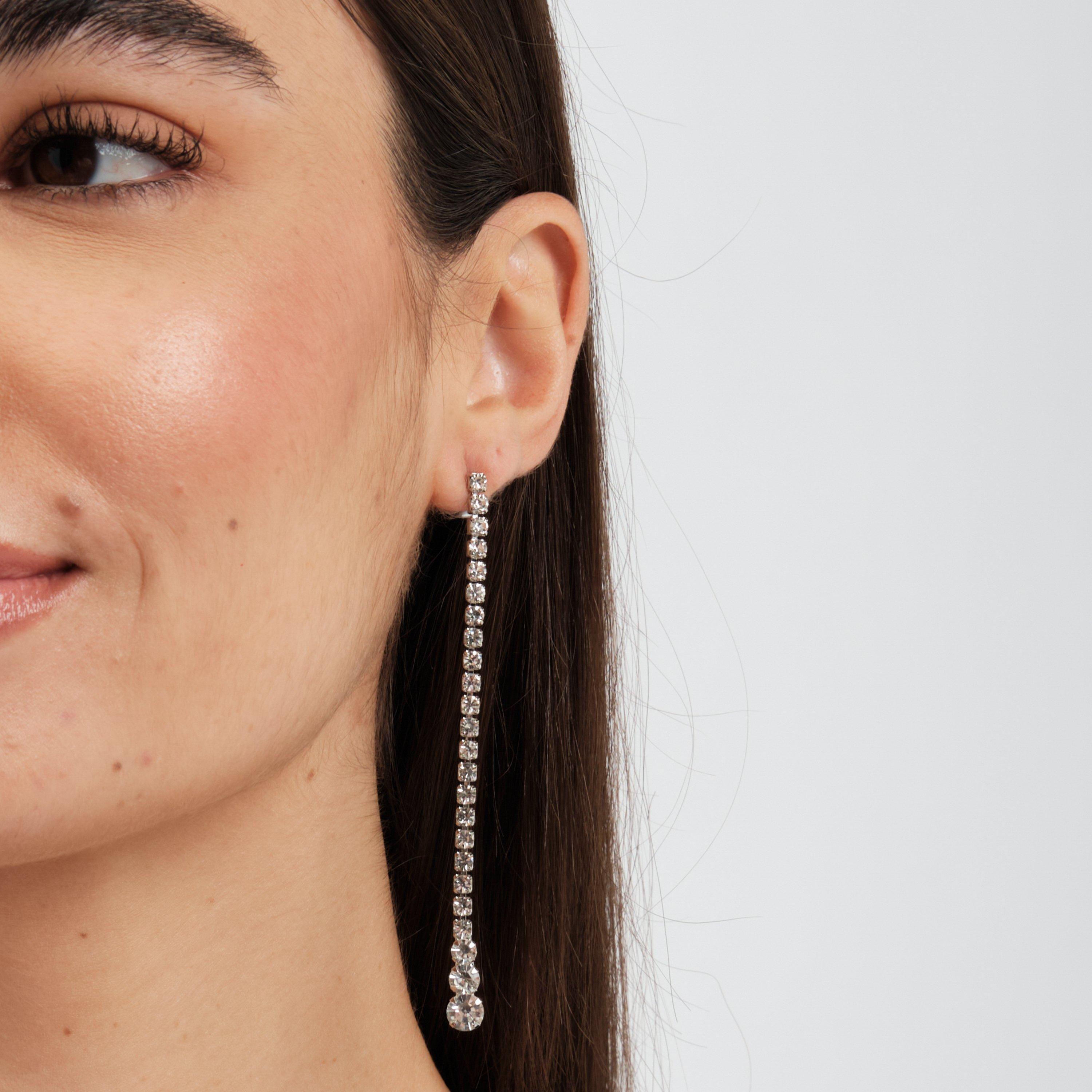 Silver - Mood - Silver Crystal Linear Stone Drop Earrings - 2