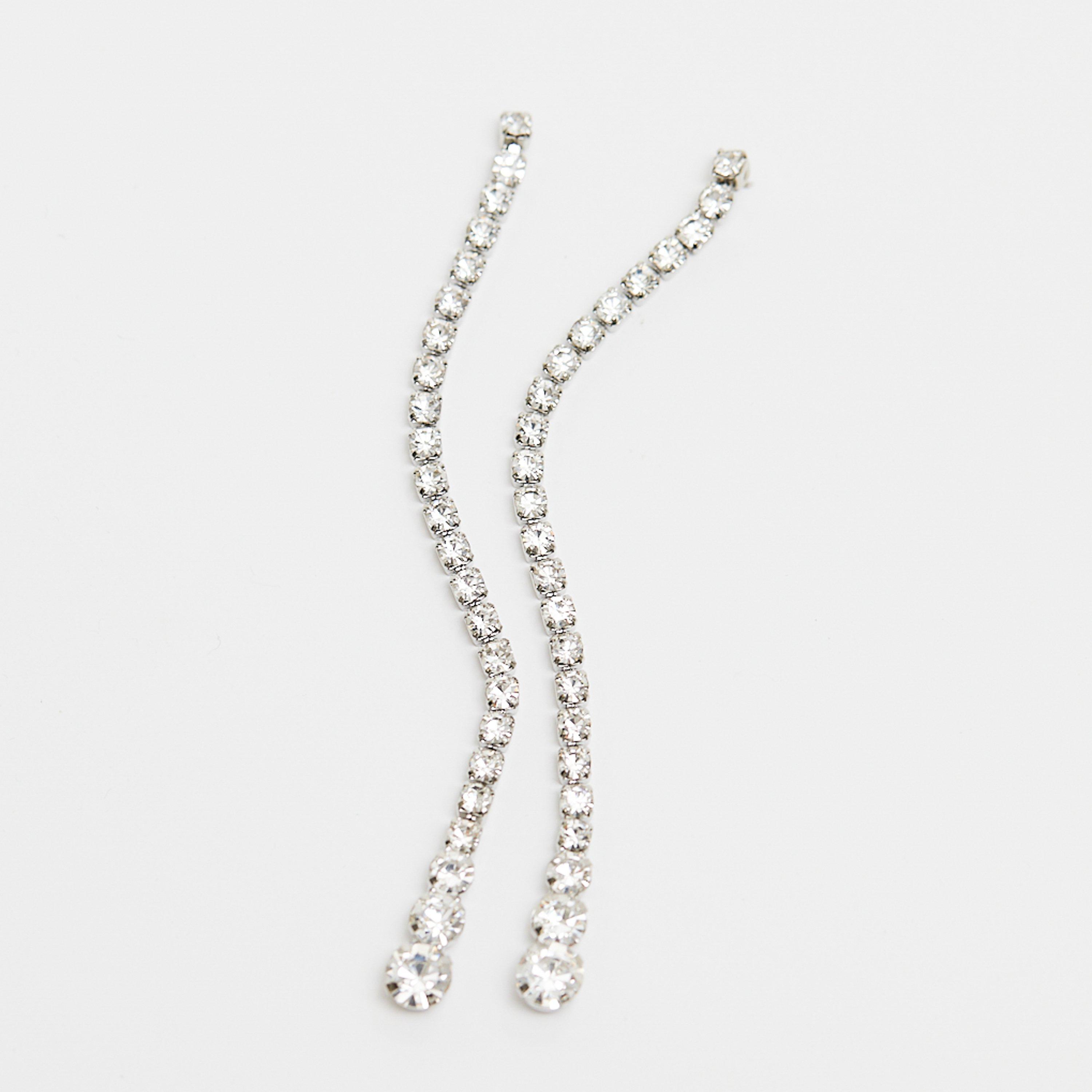 Silver - Mood - Silver Crystal Linear Stone Drop Earrings - 3