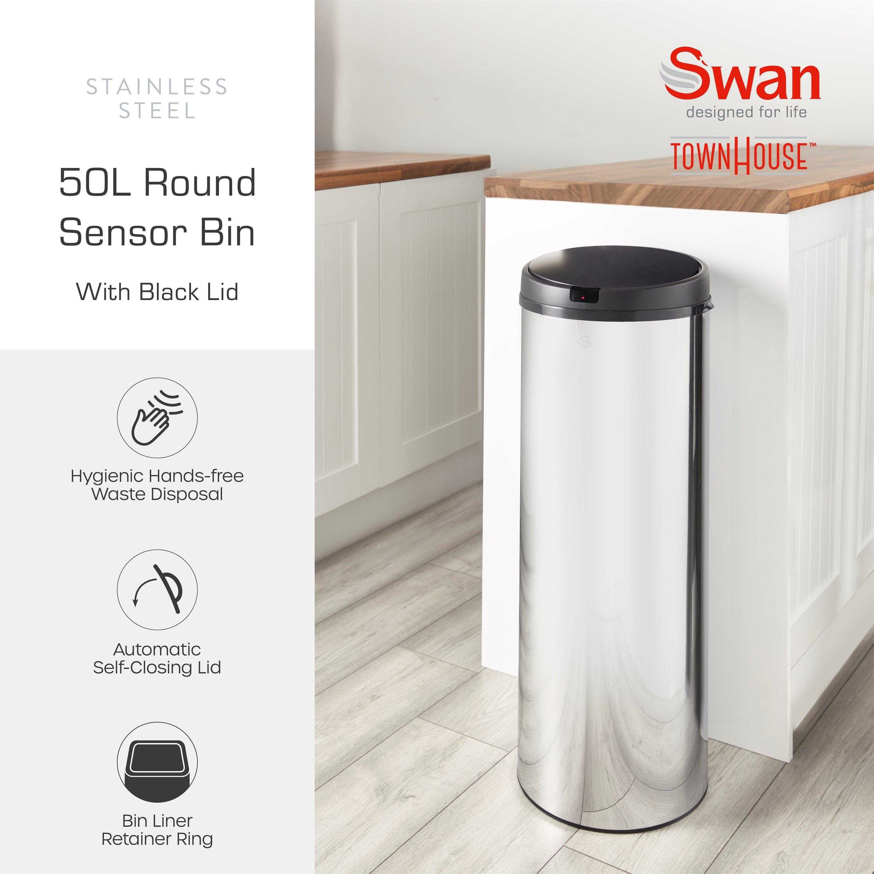 Stainless Steel - Swan - 50L Round Sensor Bin w/Black - 2