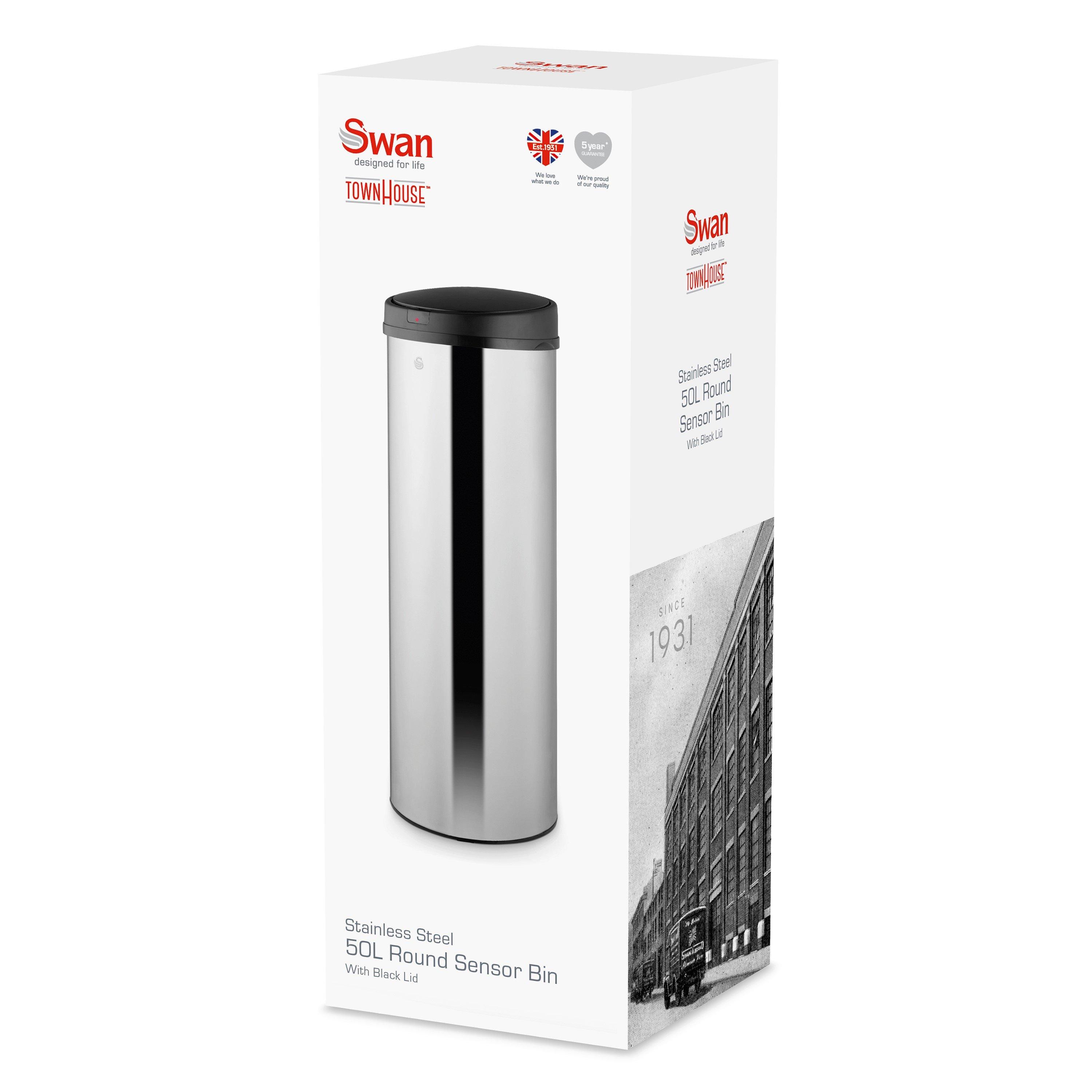 Stainless Steel - Swan - 50L Round Sensor Bin w/Black - 8