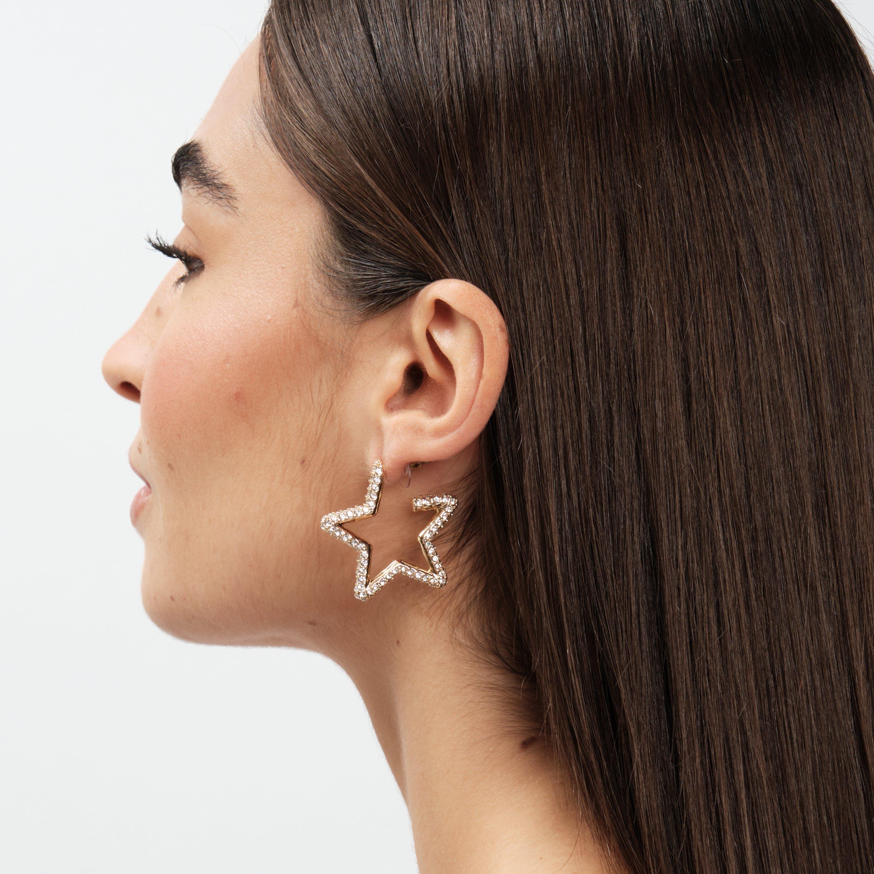 Gold - Mood - Gold Crystal Star Hoop Earrings - 2