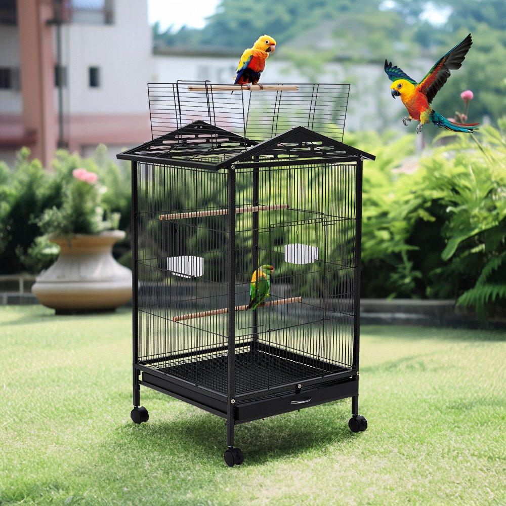 Black - KIDKID PET - Open Play Top Metal Pet Bird Cage with Casters - 2