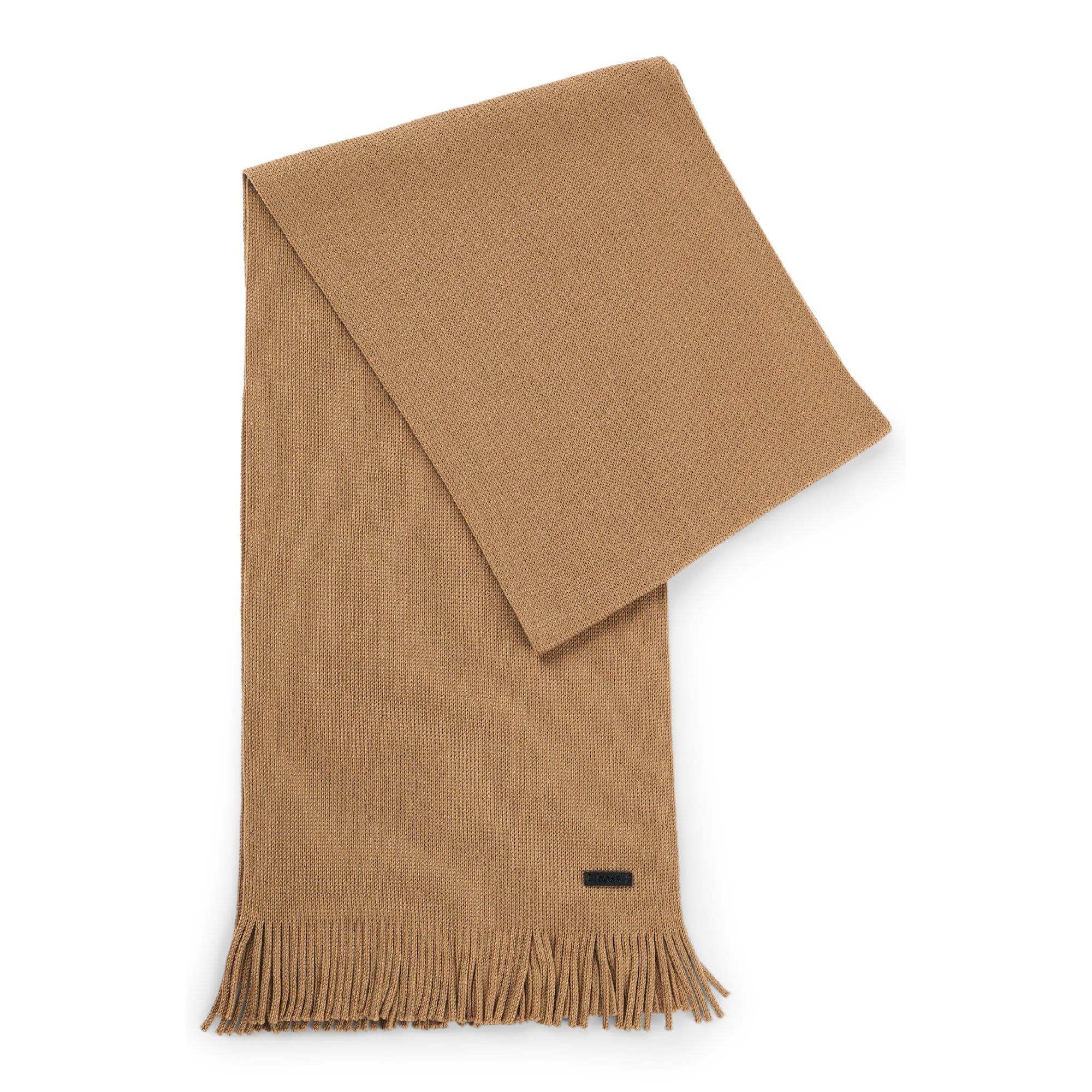 Boss Albas Logo Plaque Scarf in Virgin Wool - Beige