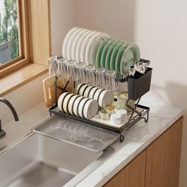 LIFE IDEAS Foldable 2-Tier Dish Drying Rack with a Drip Tray