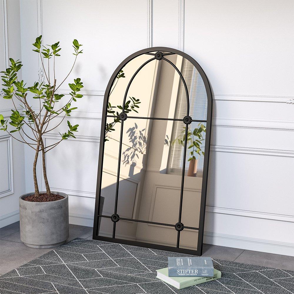 Life Ideas  Arched Wall Hanging Metal Windowpane Mirror - Black