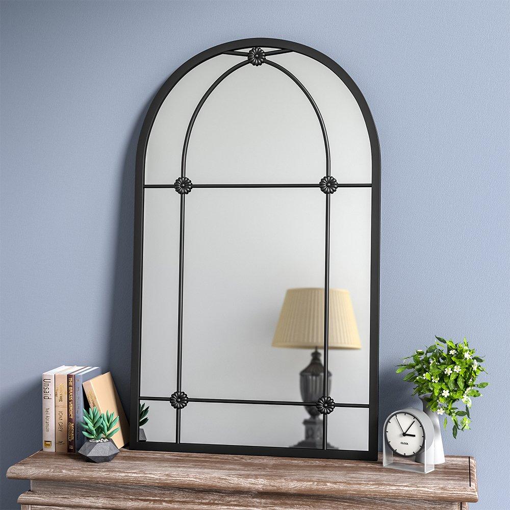 Black - LIFE IDEAS - Arched Wall Hanging Metal Windowpane Mirror - 2