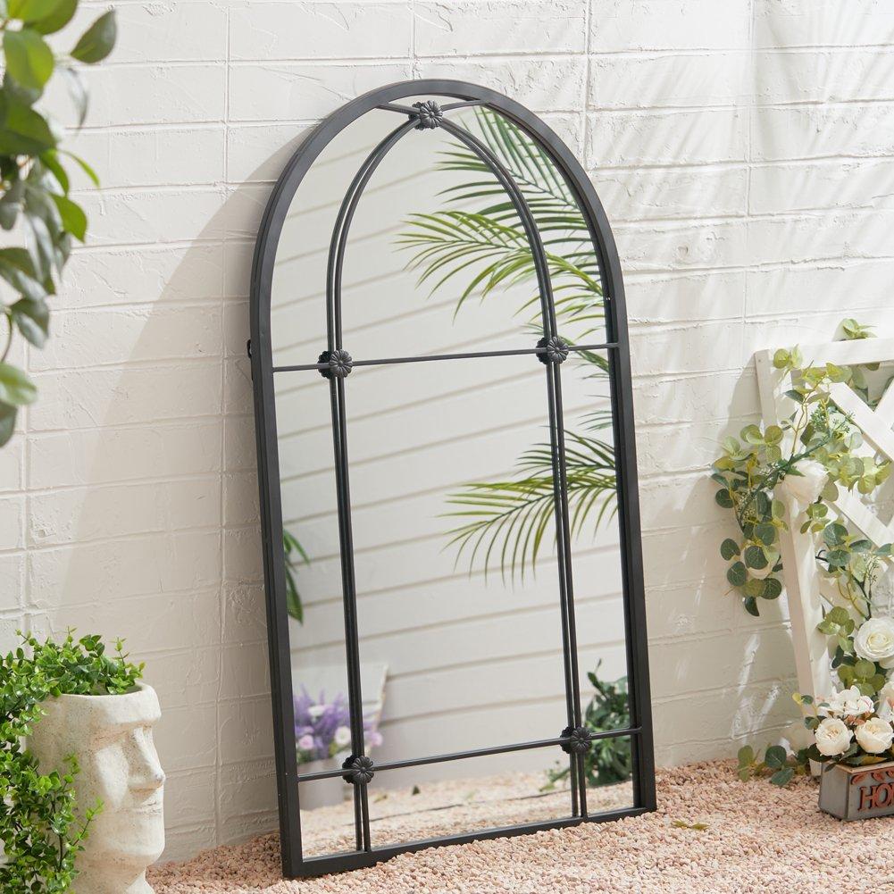 Black - LIFE IDEAS - Arched Wall Hanging Metal Windowpane Mirror - 1