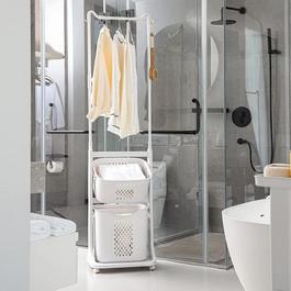 LIFE IDEAS 2-Tier Plastic Rolling Laundry Basket with Rack