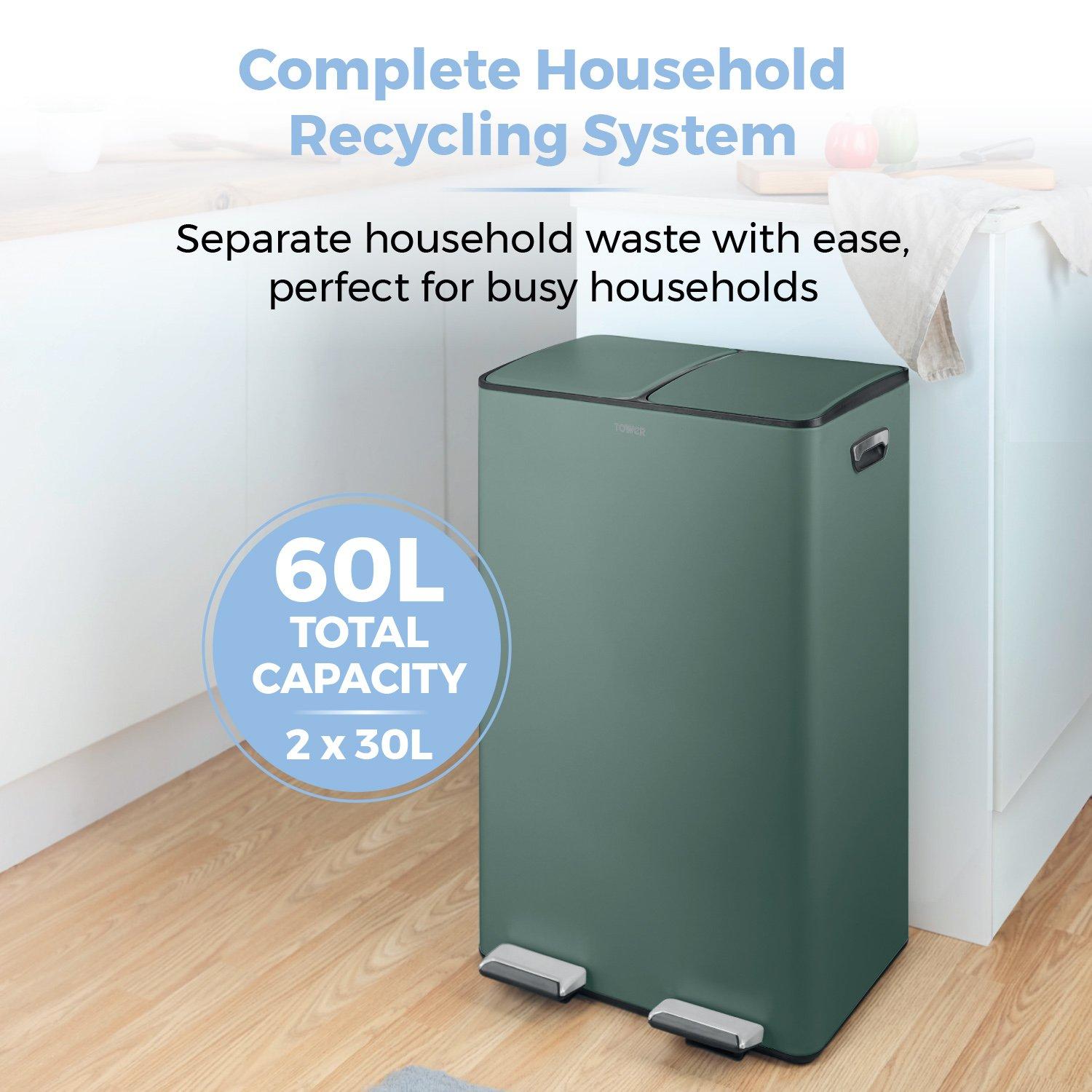 Forest Green - Tower - 60L Recycling Pedal Bin - 3