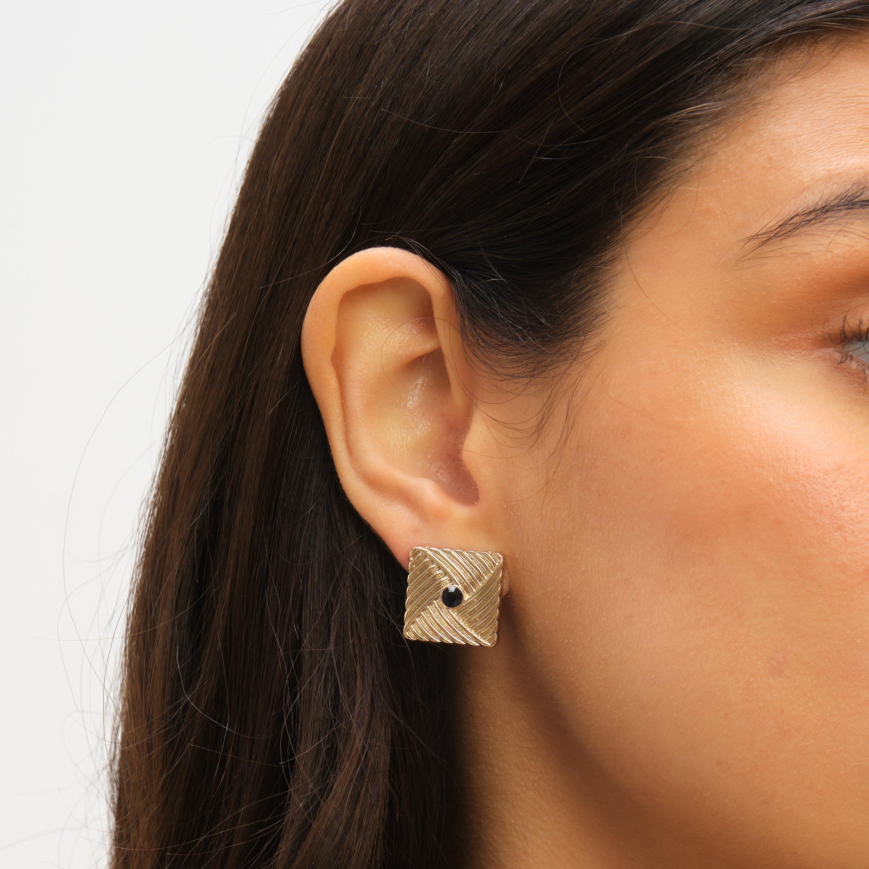 Gold - Jon Richard - Gold Plated Ridge And Jet Square Earrings - 2