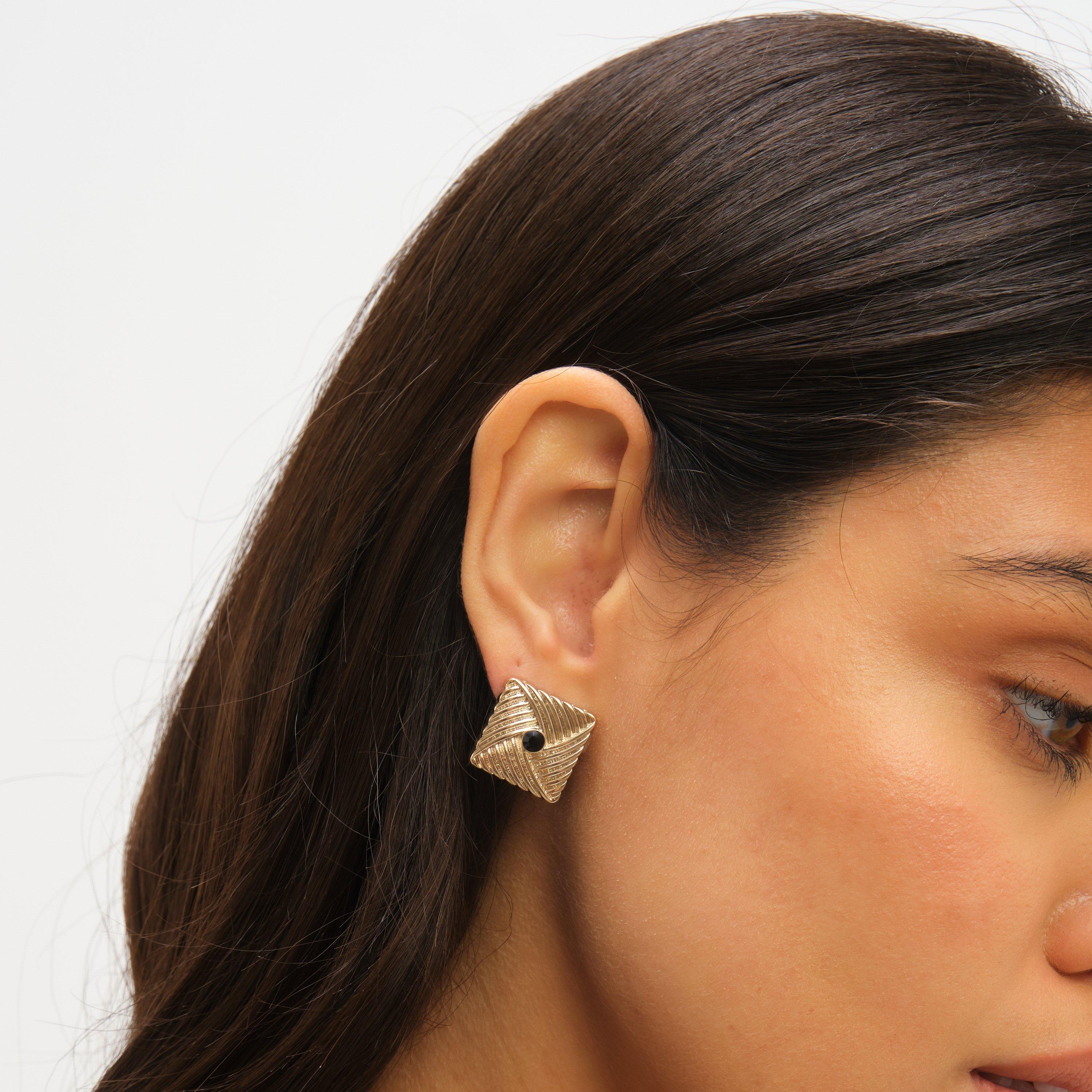 Gold - Jon Richard - Gold Plated Ridge And Jet Square Earrings - 4