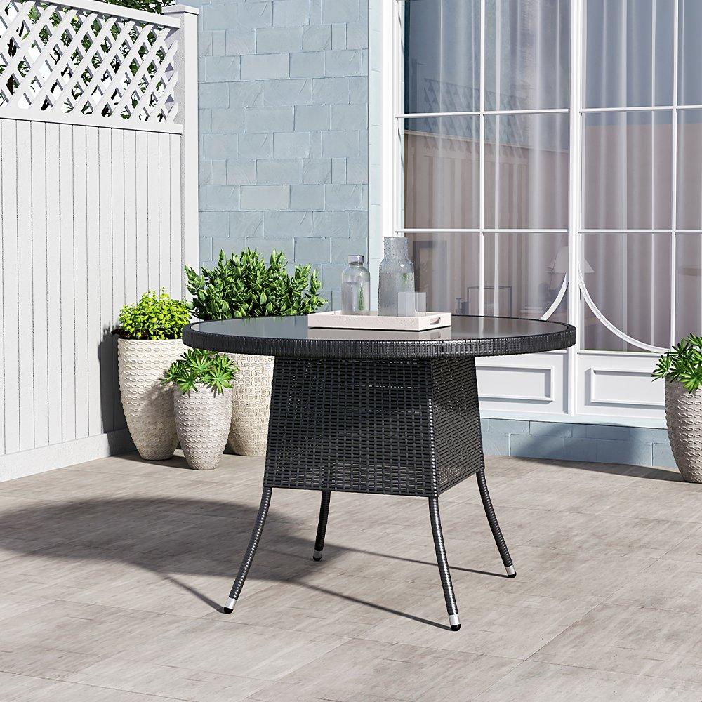 Black - Breeins - Black Wicker Table with Tempered Glass & Hole - 2