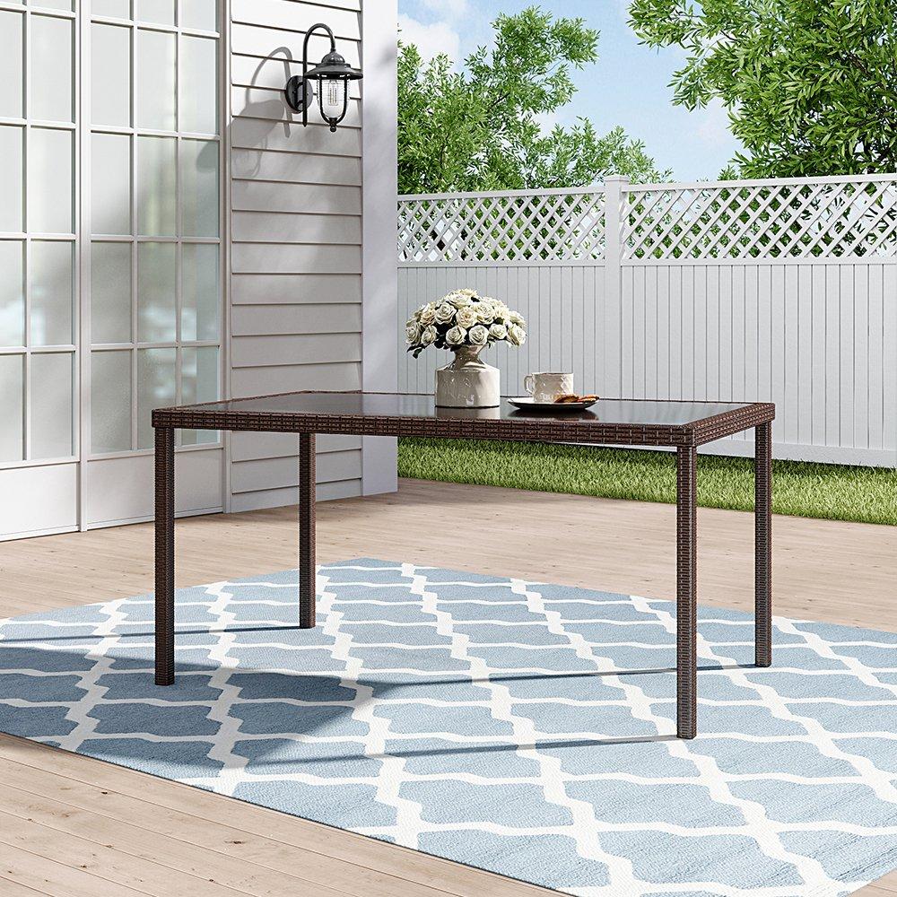 Brown - Breeins - Brown Rustic Outdoor Wicker Table with Glass - 1