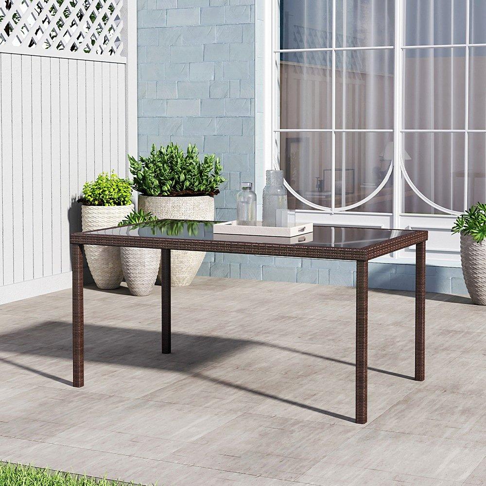 Brown - Breeins - Brown Rustic Outdoor Wicker Table with Glass - 2