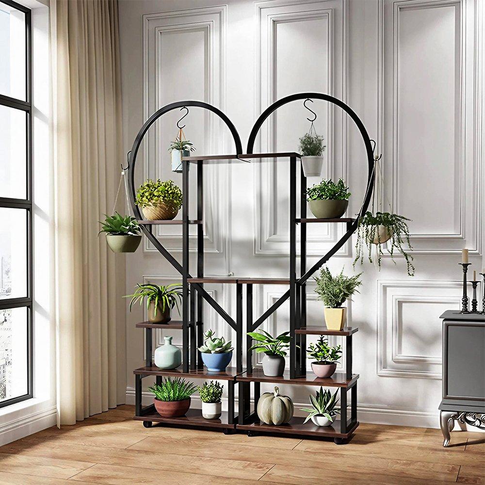 Brown And Black - LIFE IDEAS - 2x Half-Heart Tiered Plant Stand Brown - 1