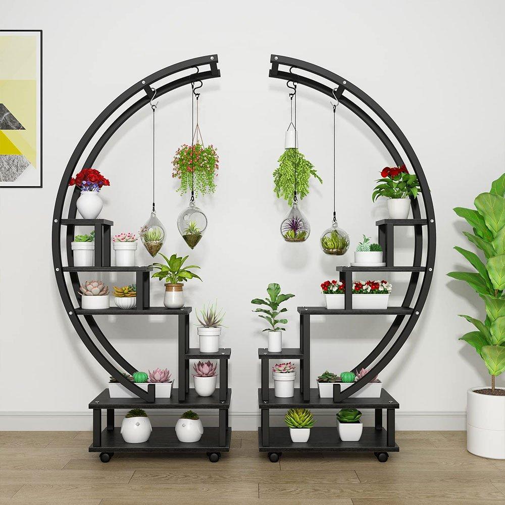 Black - LIFE IDEAS - 2x Half-Moon Plant Display Shelf with Wheels - 1