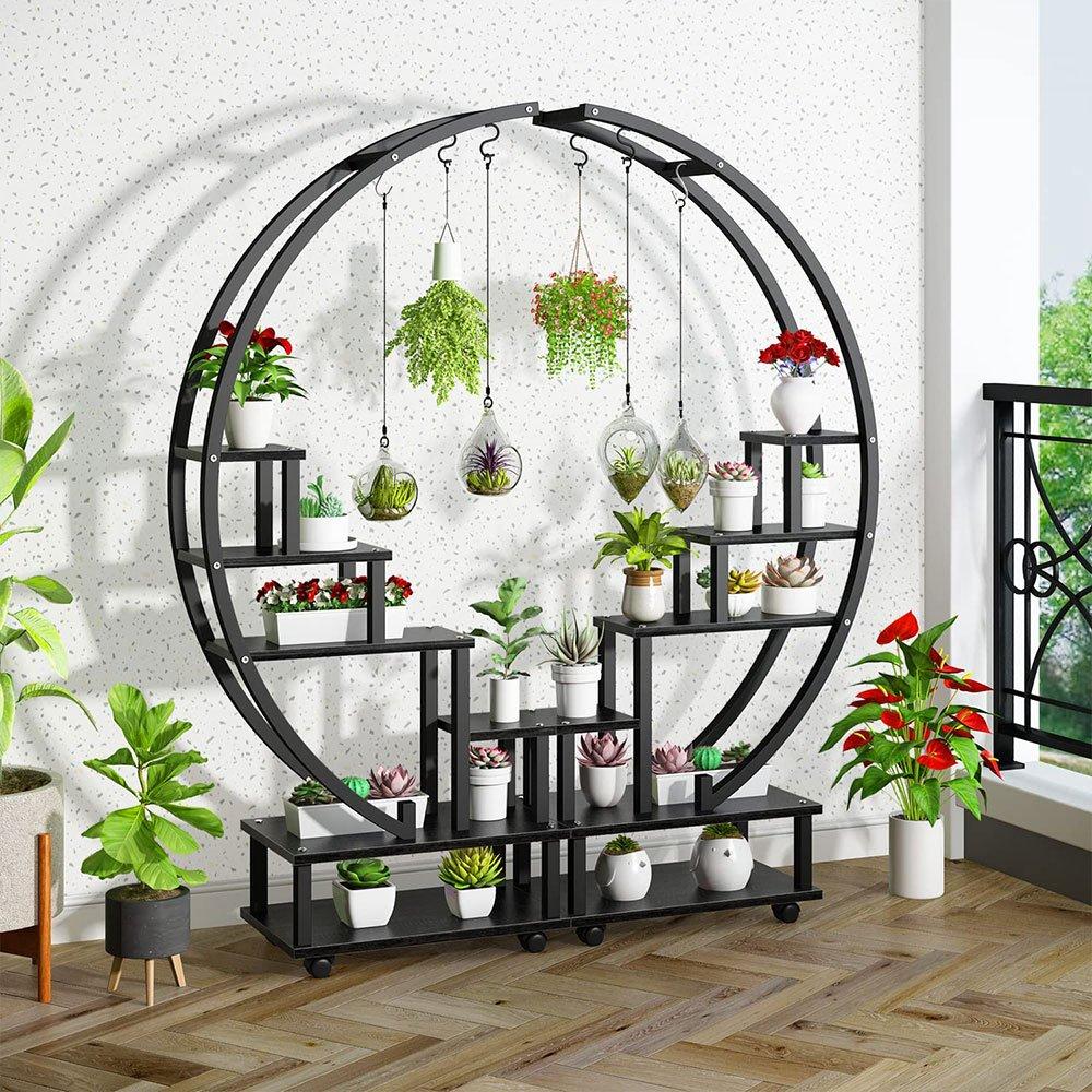 Black - LIFE IDEAS - 2x Half-Moon Plant Display Shelf with Wheels - 2