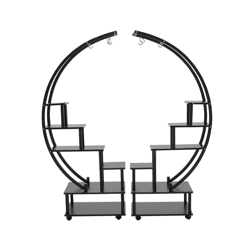 Black - LIFE IDEAS - 2x Half-Moon Plant Display Shelf with Wheels - 3