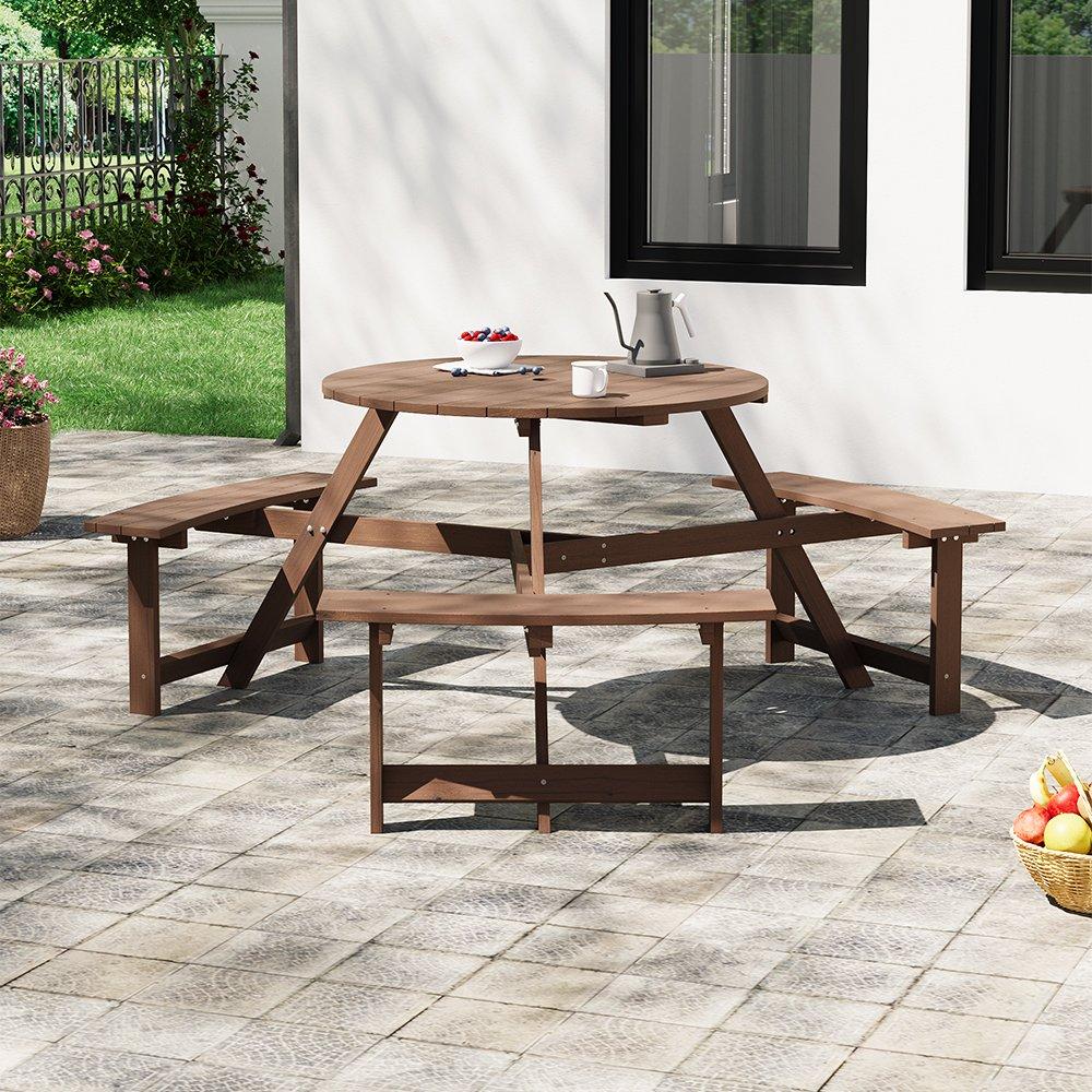 Brown - Breeins - 6-Person Round Wood Picnic Table and Bench Set - 1