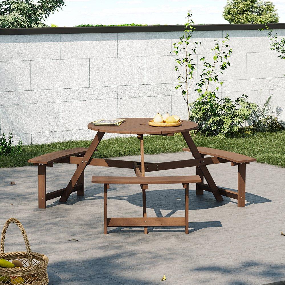 Brown - Breeins Camping - 6-Person Round Wood Picnic Table and Bench Set - 2