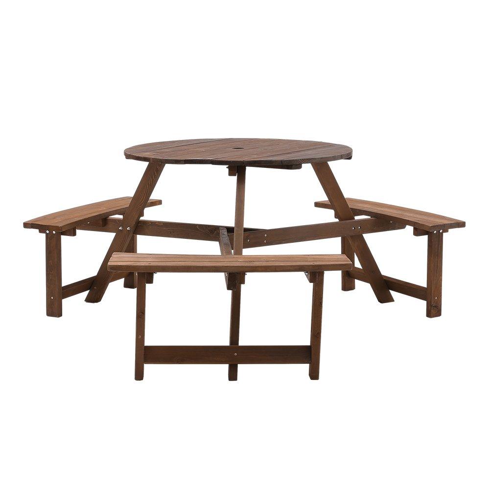Brown - Breeins Camping - 6-Person Round Wood Picnic Table and Bench Set - 3