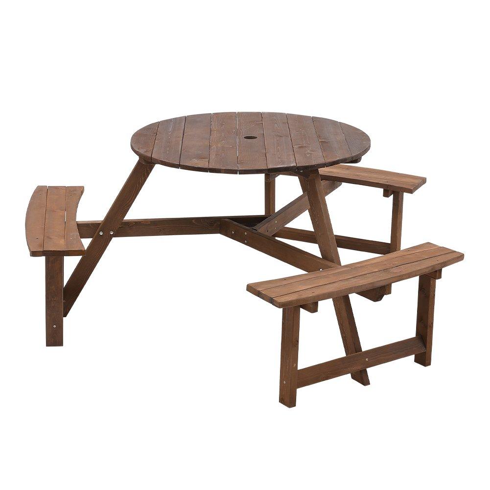 Brown - Breeins Camping - 6-Person Round Wood Picnic Table and Bench Set - 4