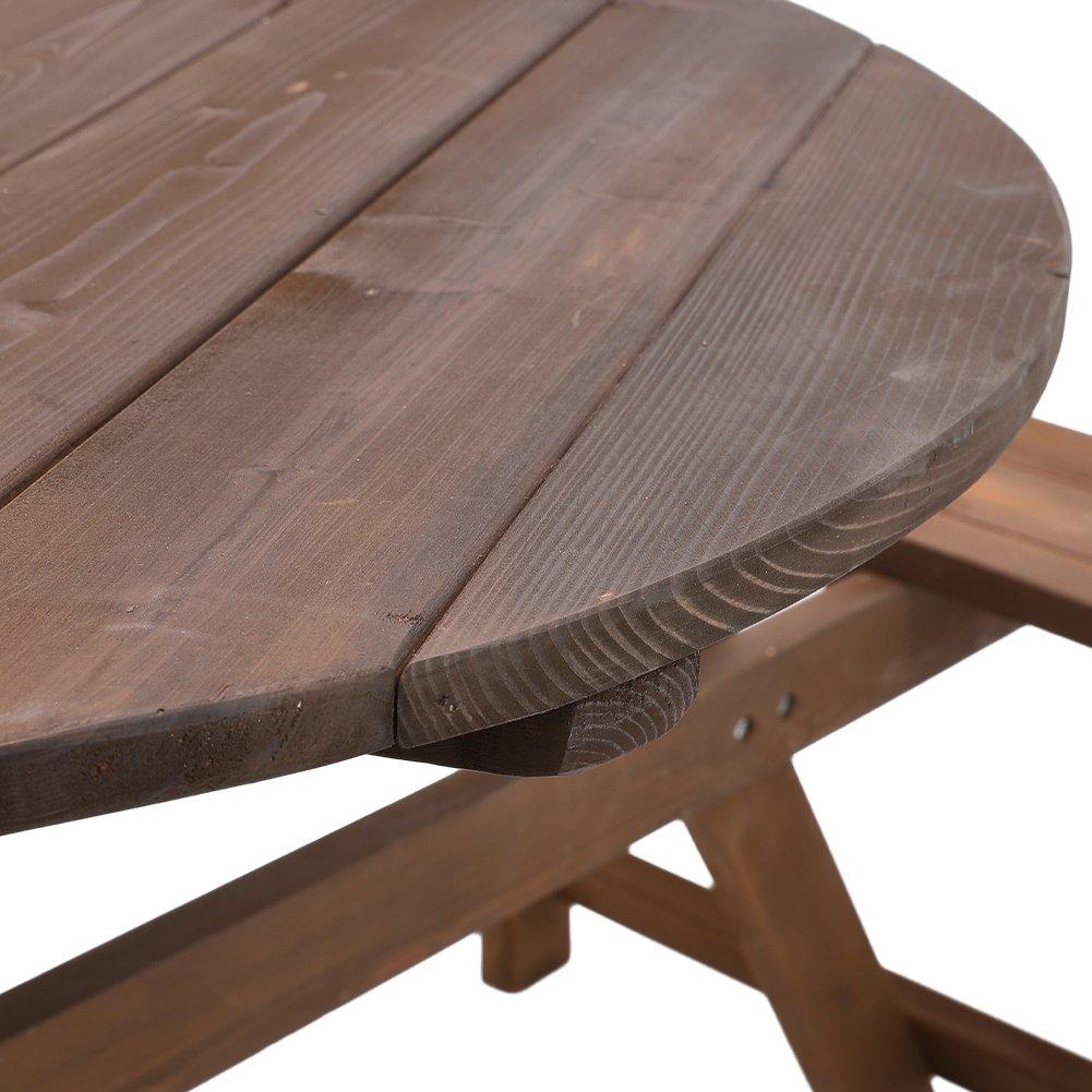 Brown - Breeins Camping - 6-Person Round Wood Picnic Table and Bench Set - 5