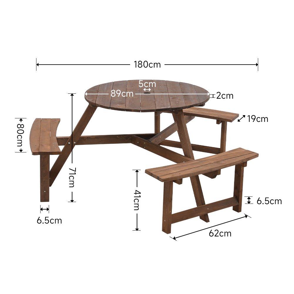 Brown - Breeins Camping - 6-Person Round Wood Picnic Table and Bench Set - 9