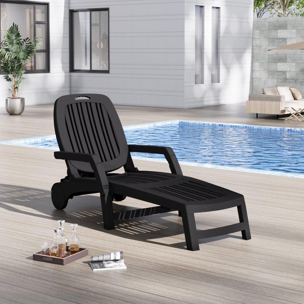 Black - Breeins - Outdoor Folding Lounge Chair Recliner with Wheels - 1
