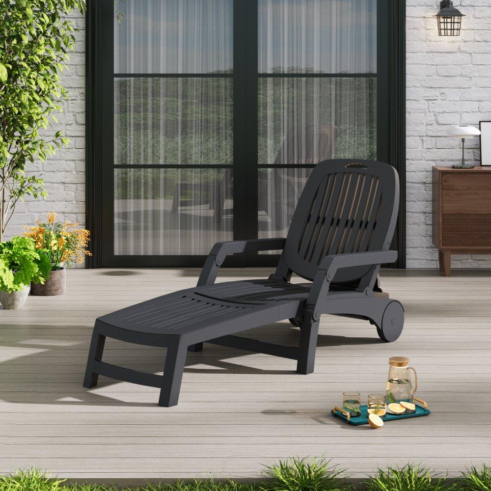 Black - Breeins - Outdoor Folding Lounge Chair Recliner with Wheels - 2