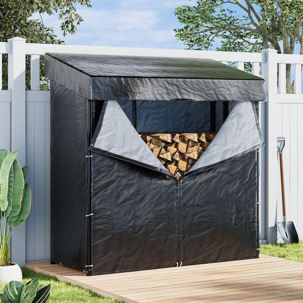 Breeins  185Cm Metal Firewood Rack With Roof Cover - Black