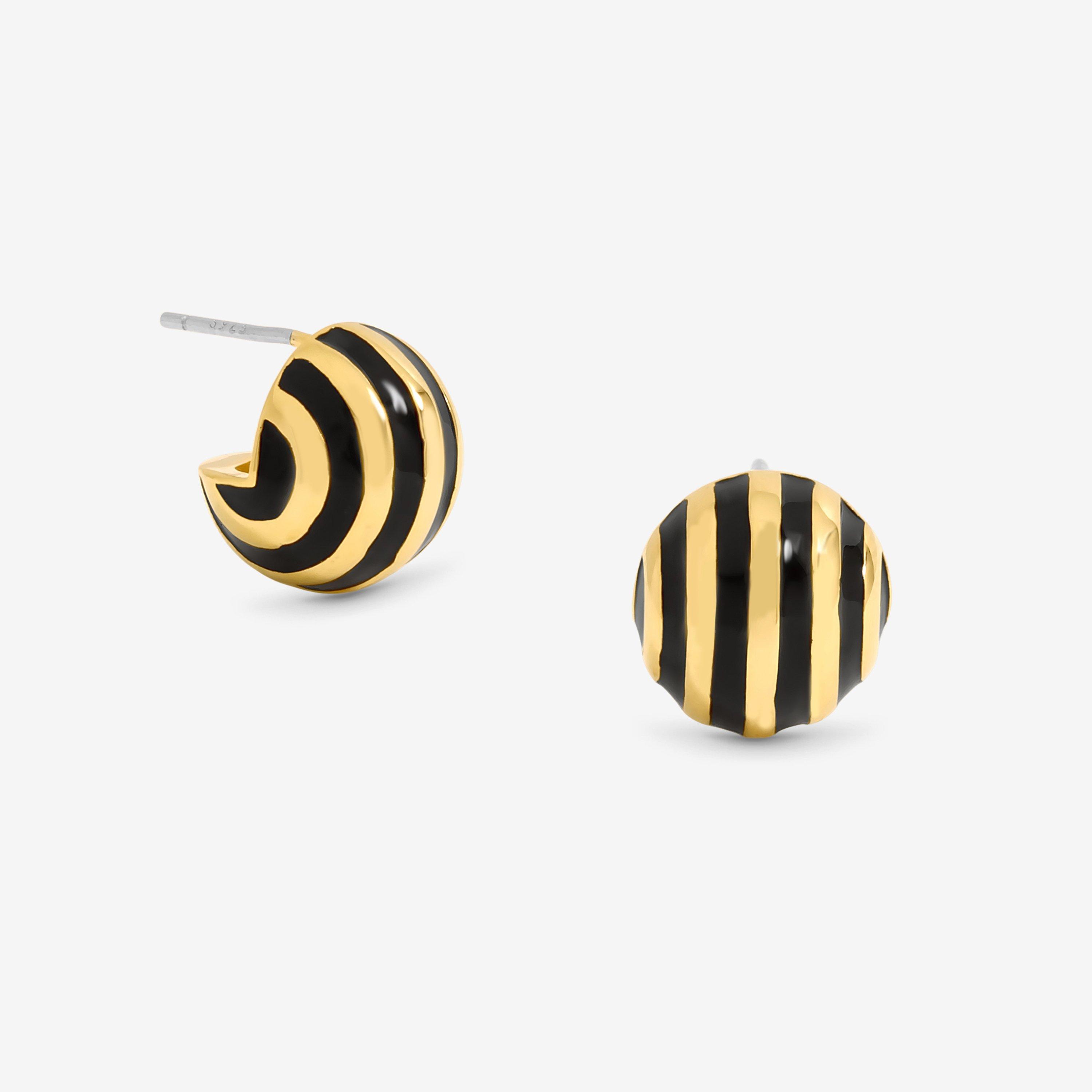 Gold - Jon Richard - Gold Plated And Jet Enamel Stripe Dome Earrings - 1