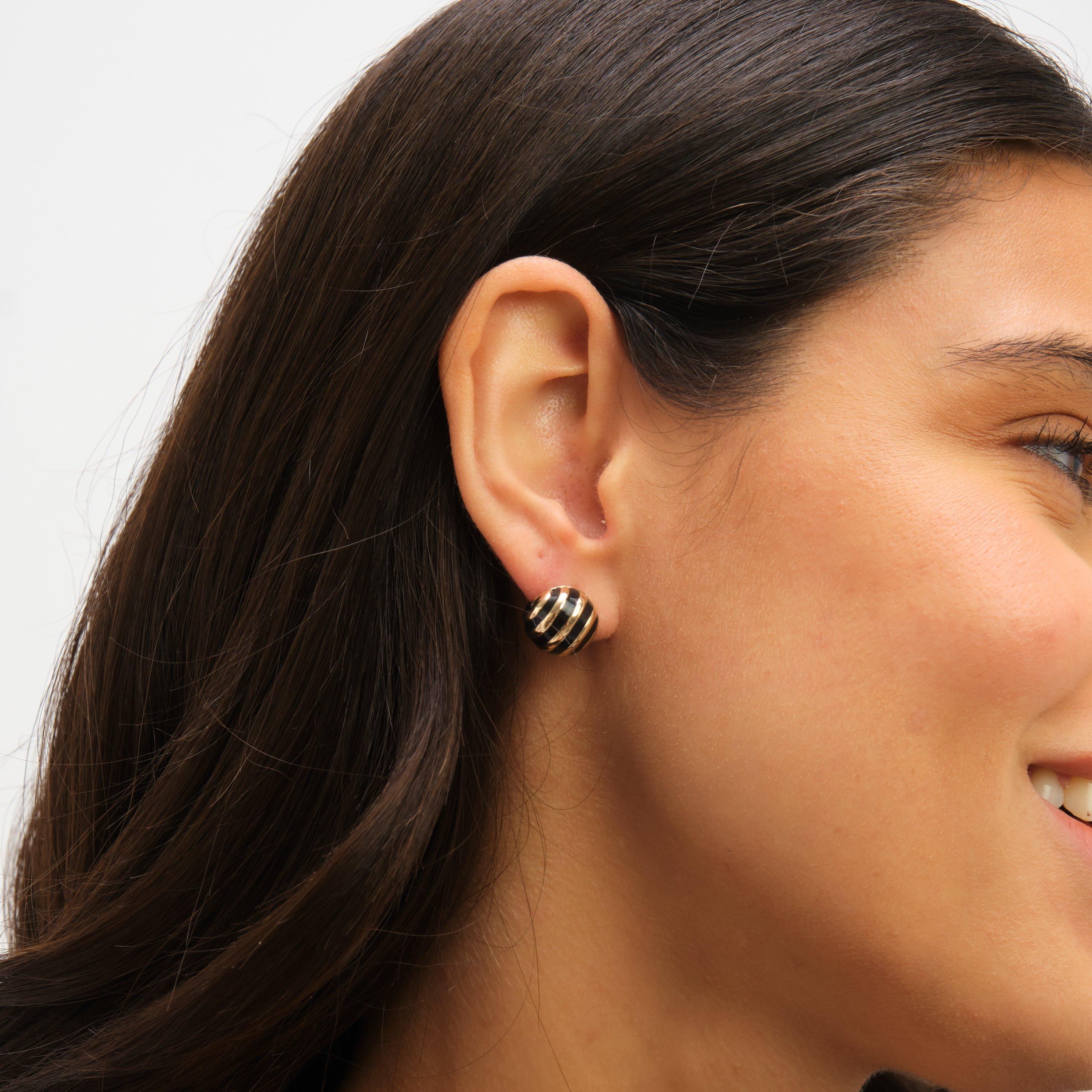 Gold - Jon Richard - Gold Plated And Jet Enamel Stripe Dome Earrings - 2