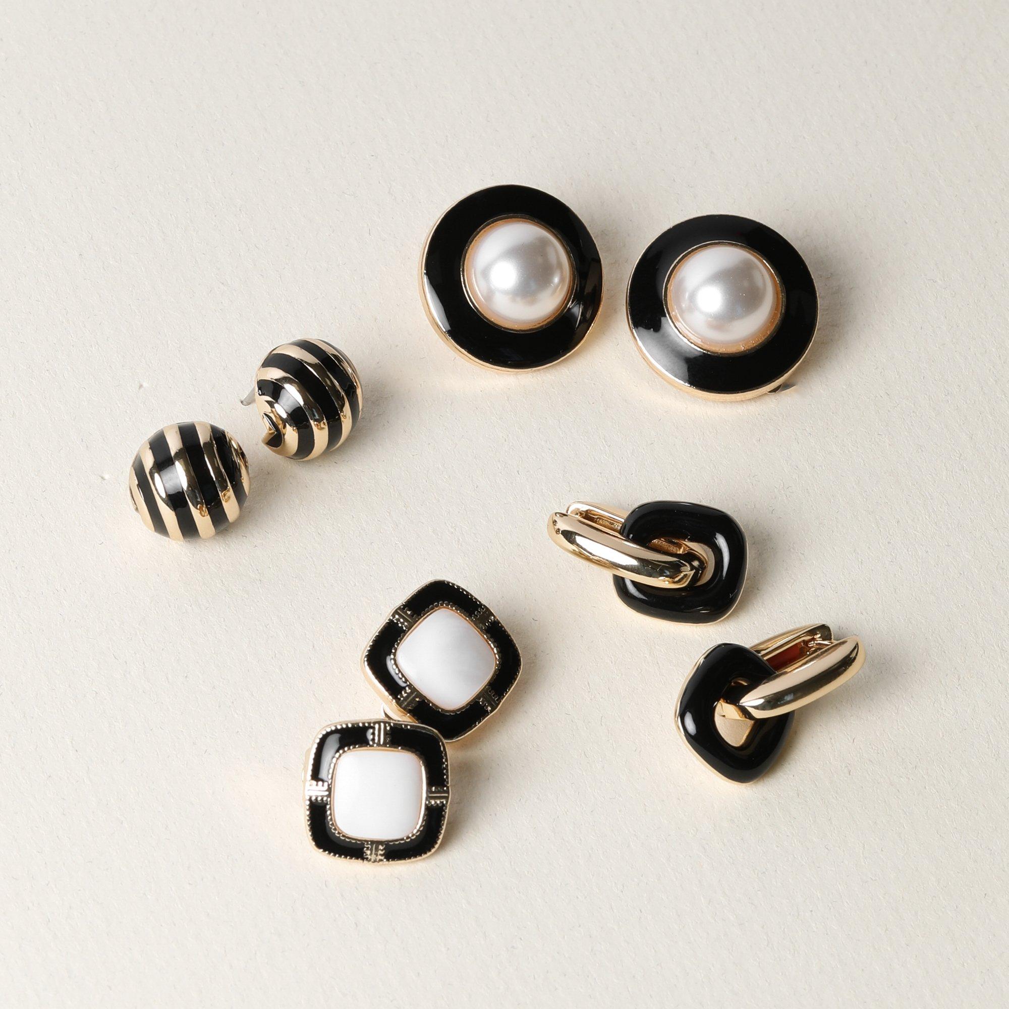 Gold - Jon Richard - Gold Plated And Jet Enamel Stripe Dome Earrings - 3