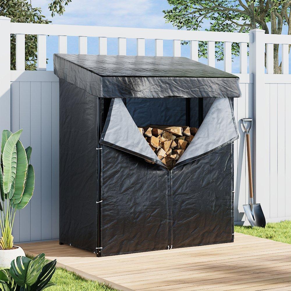 Black - Breeins - 165cm Metal Firewood Rack with Roof Cover - 1