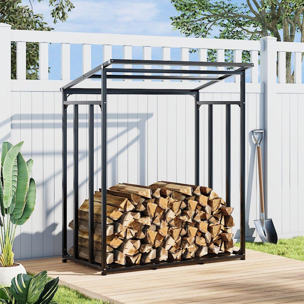Black - Breeins - 165cm Metal Firewood Rack with Roof Cover - 2