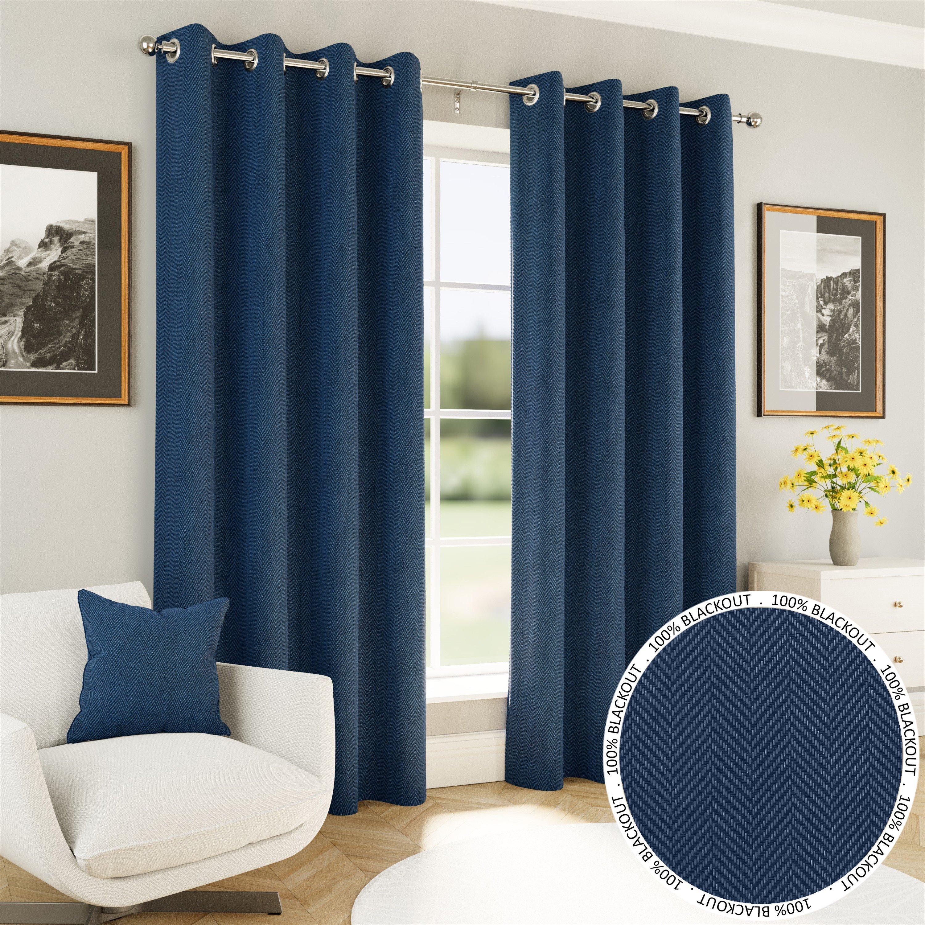 Navy - Enhanced Living - Chester Navy 100% Blackout Herringbone Curtains - 1