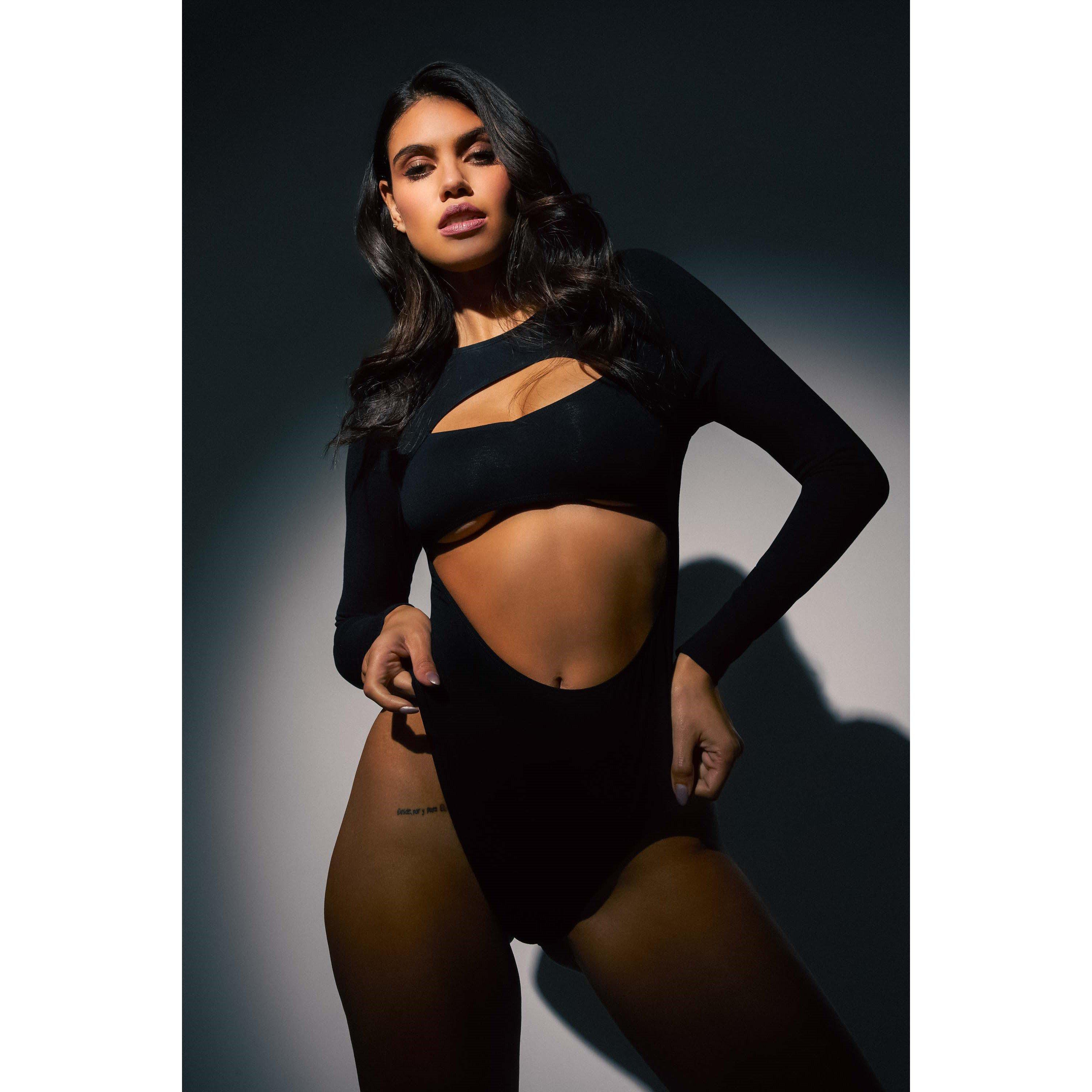 Black - Wolf and Whistle - Laurel Cut-Out Jersey Long-Sleeved Body - 2