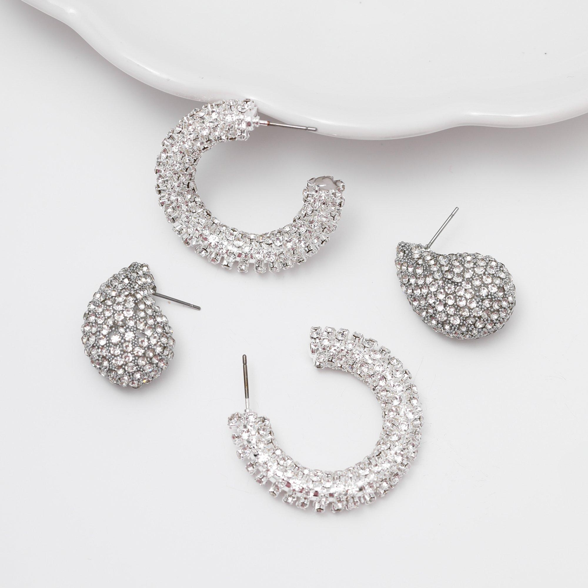 Silver - Mood - Silver Crystal Dome Stud Earrings - 3