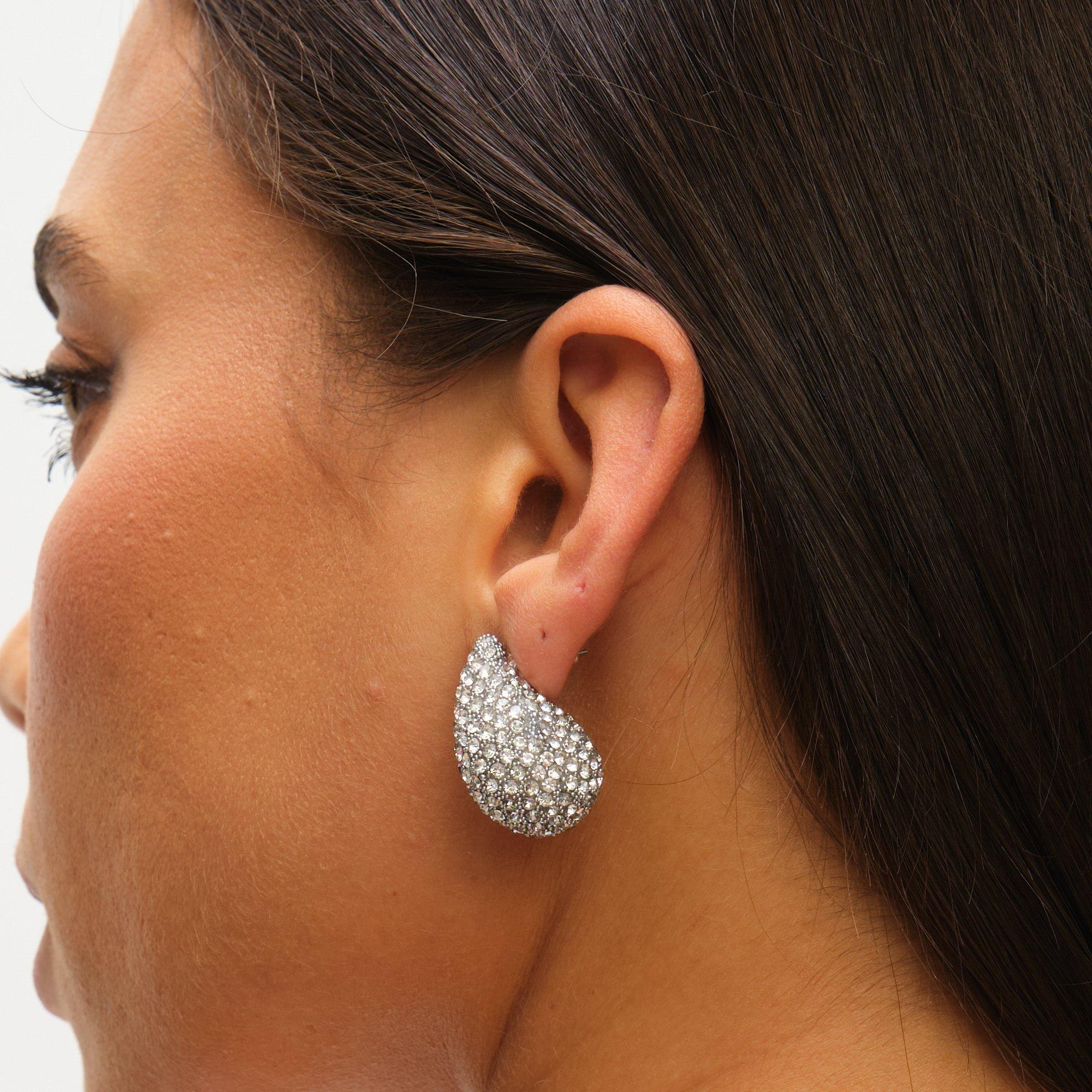 Silver - Mood - Silver Crystal Dome Stud Earrings - 4