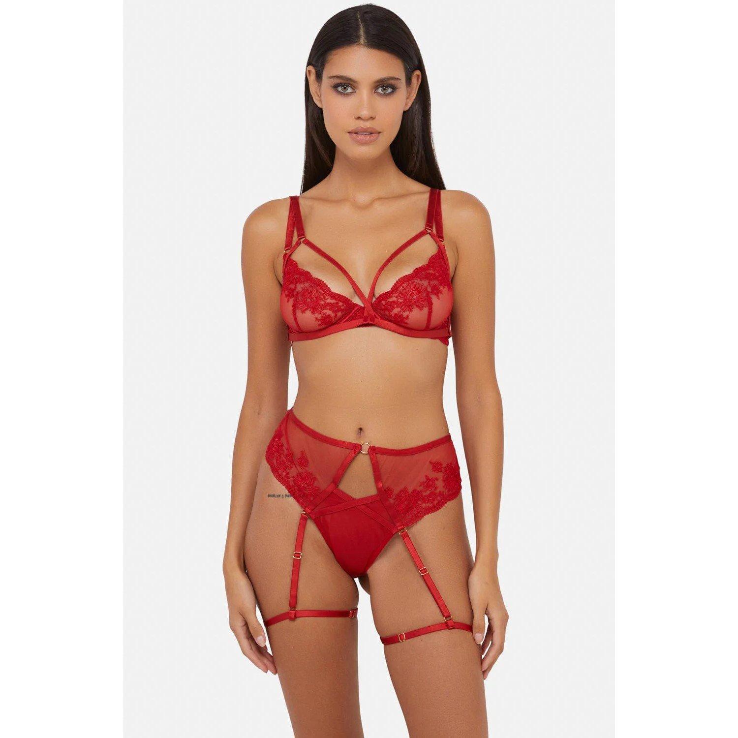 Red - Wolf and Whistle - Sarina Red Embroidery High Waist Suspender Brief - 3