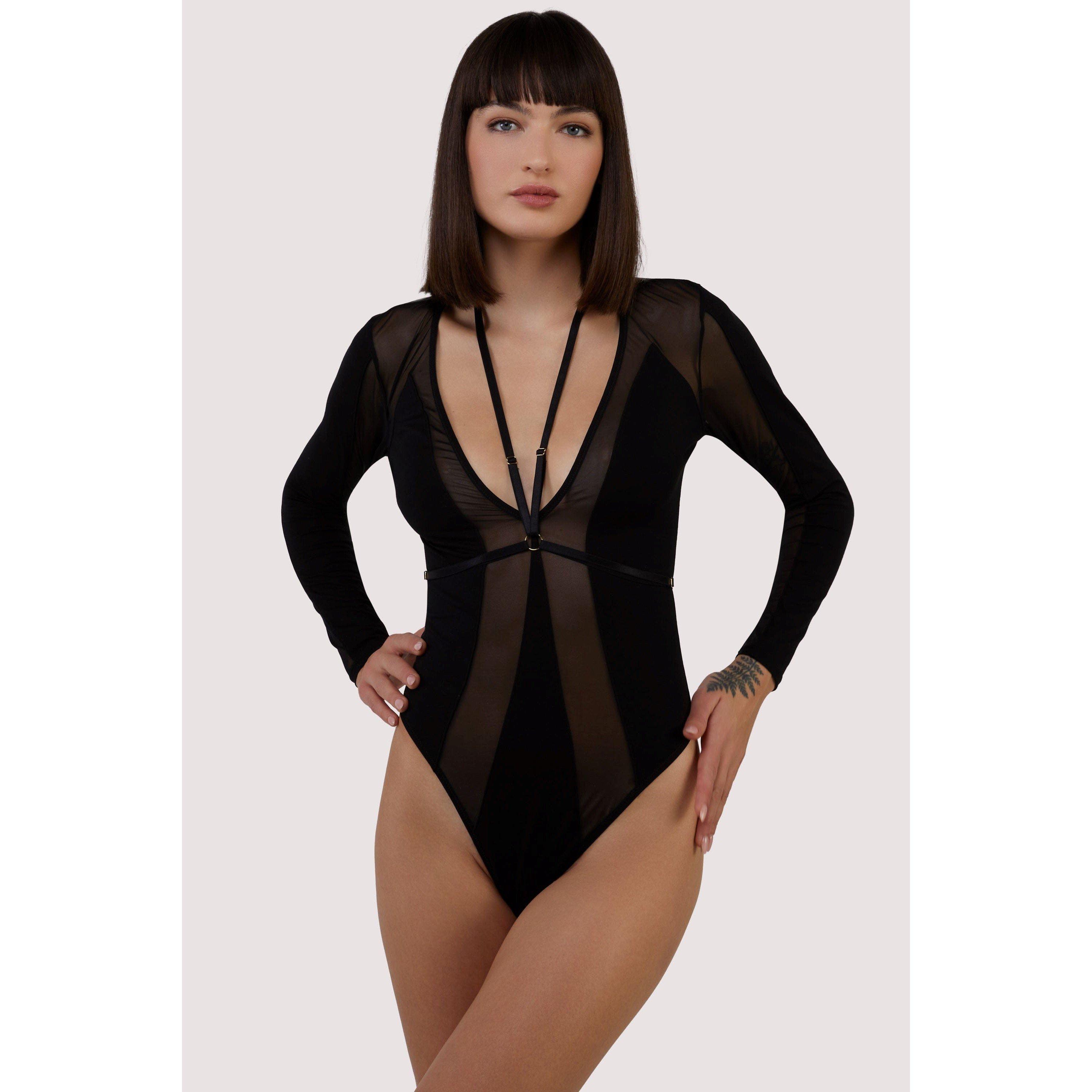 Black - Wolf and Whistle - Morgan Black Pannelled Mesh & Micro Plunge Body - 3