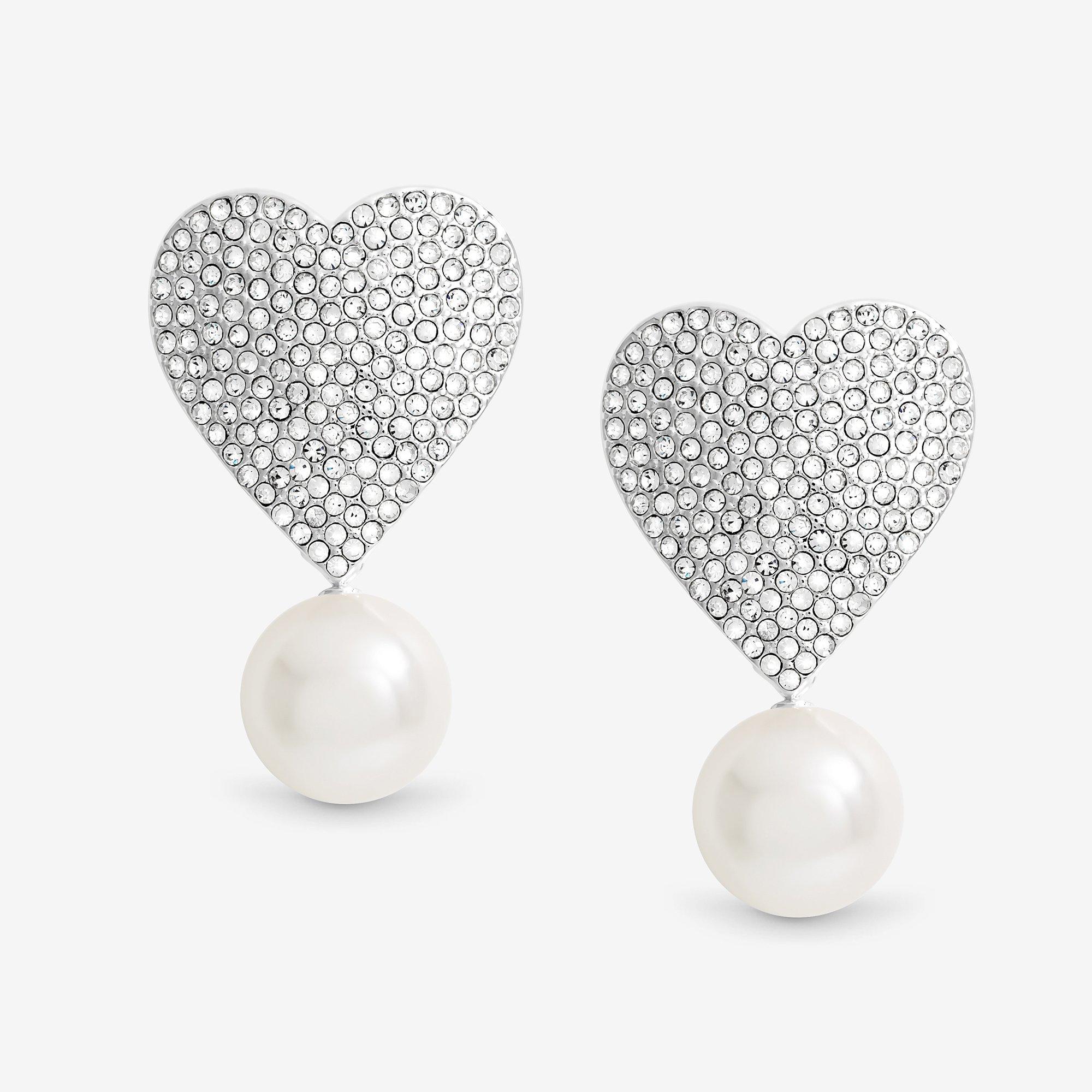 Silver - Mood - Silver Crystal Heart With Pearl Statement Earrings - 1