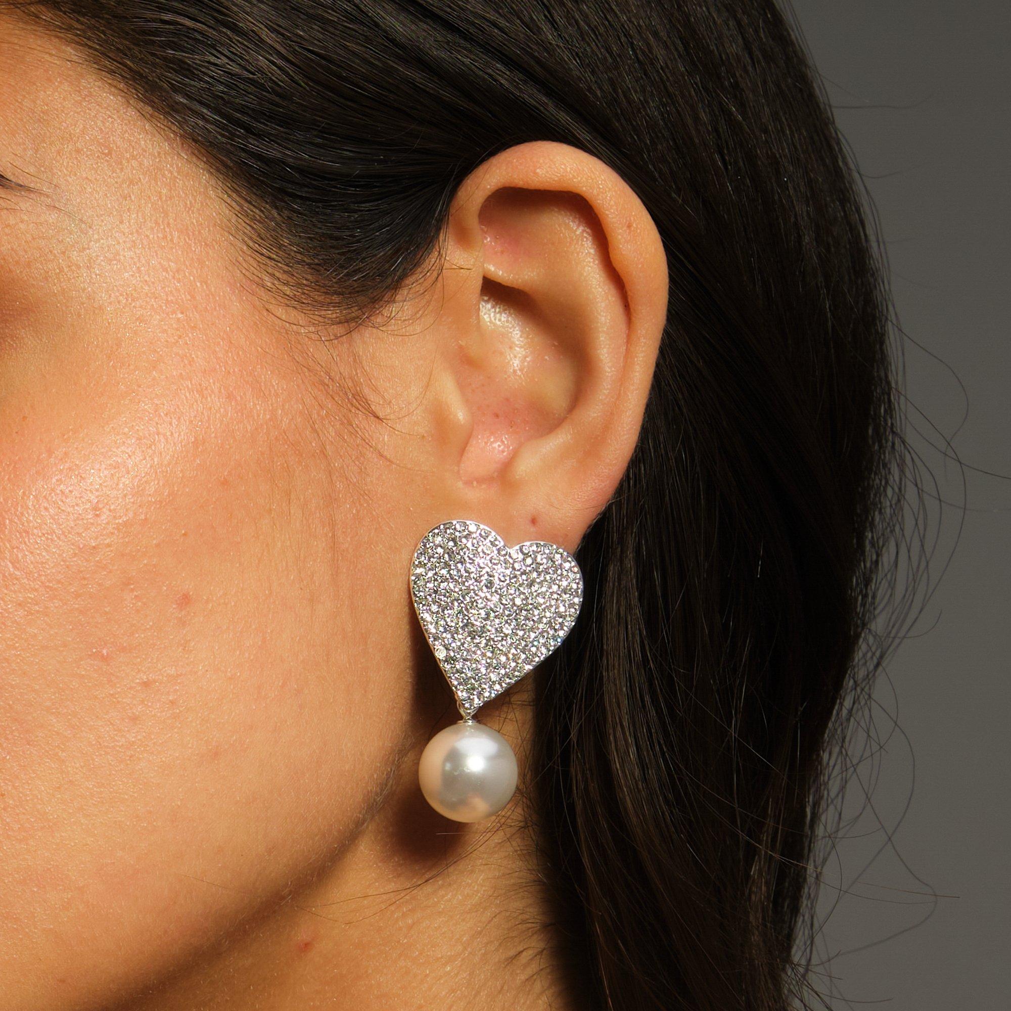 Silver - Mood - Silver Crystal Heart With Pearl Statement Earrings - 2