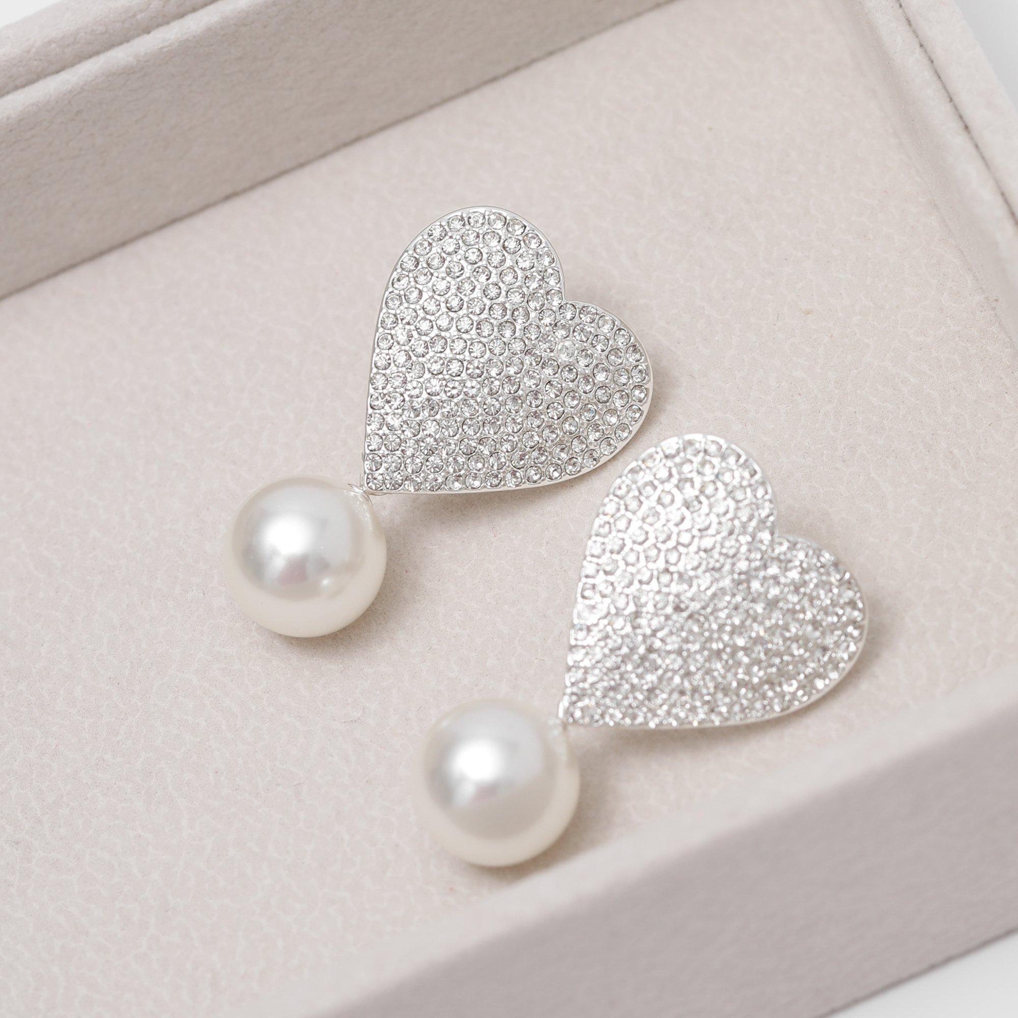 Silver - Mood - Silver Crystal Heart With Pearl Statement Earrings - 3